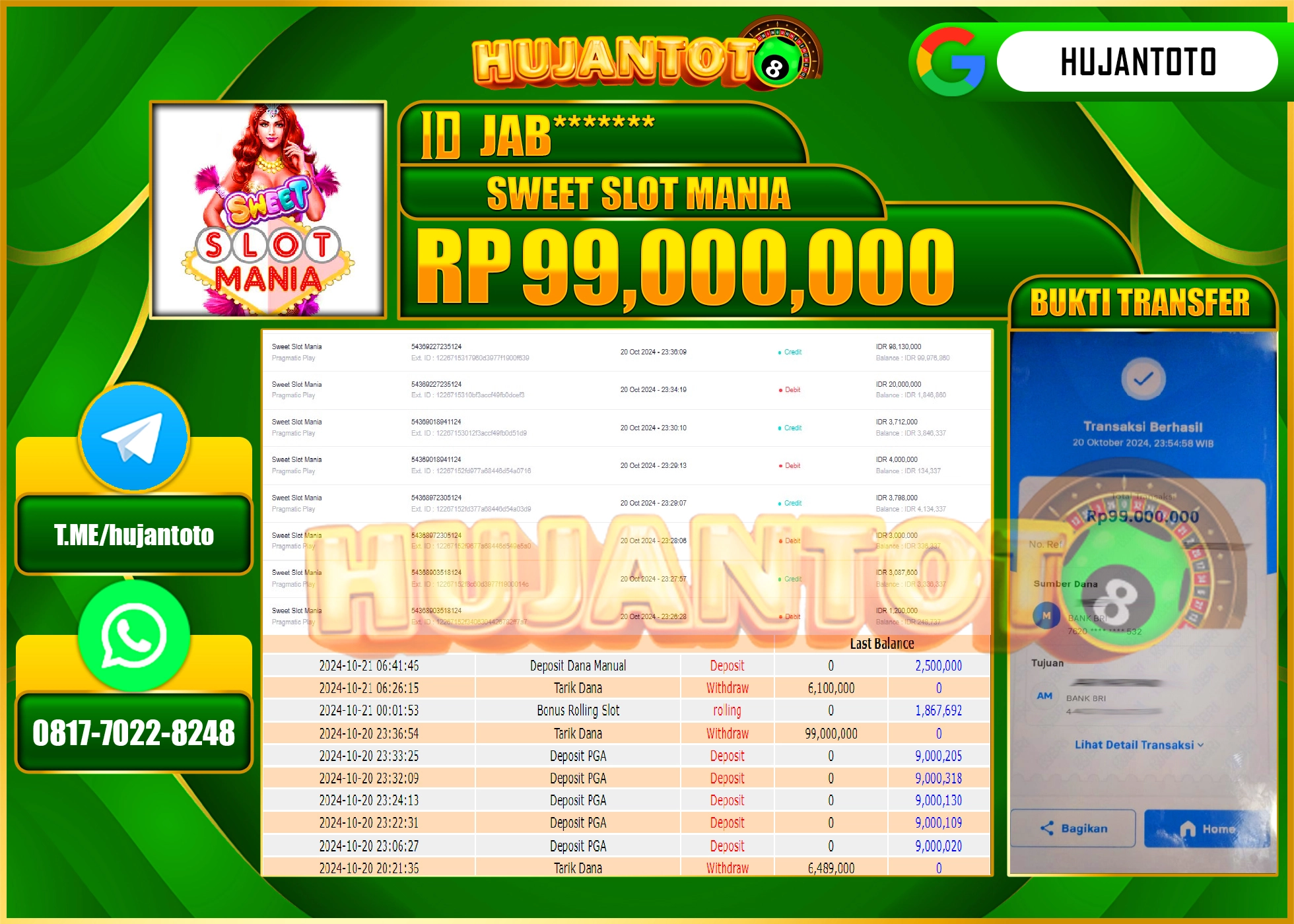 HUJANTOTO MENANG DI PERMAINAN SWEET SLOT MANIA - SEBESAR 99,000,000 - LUNAS