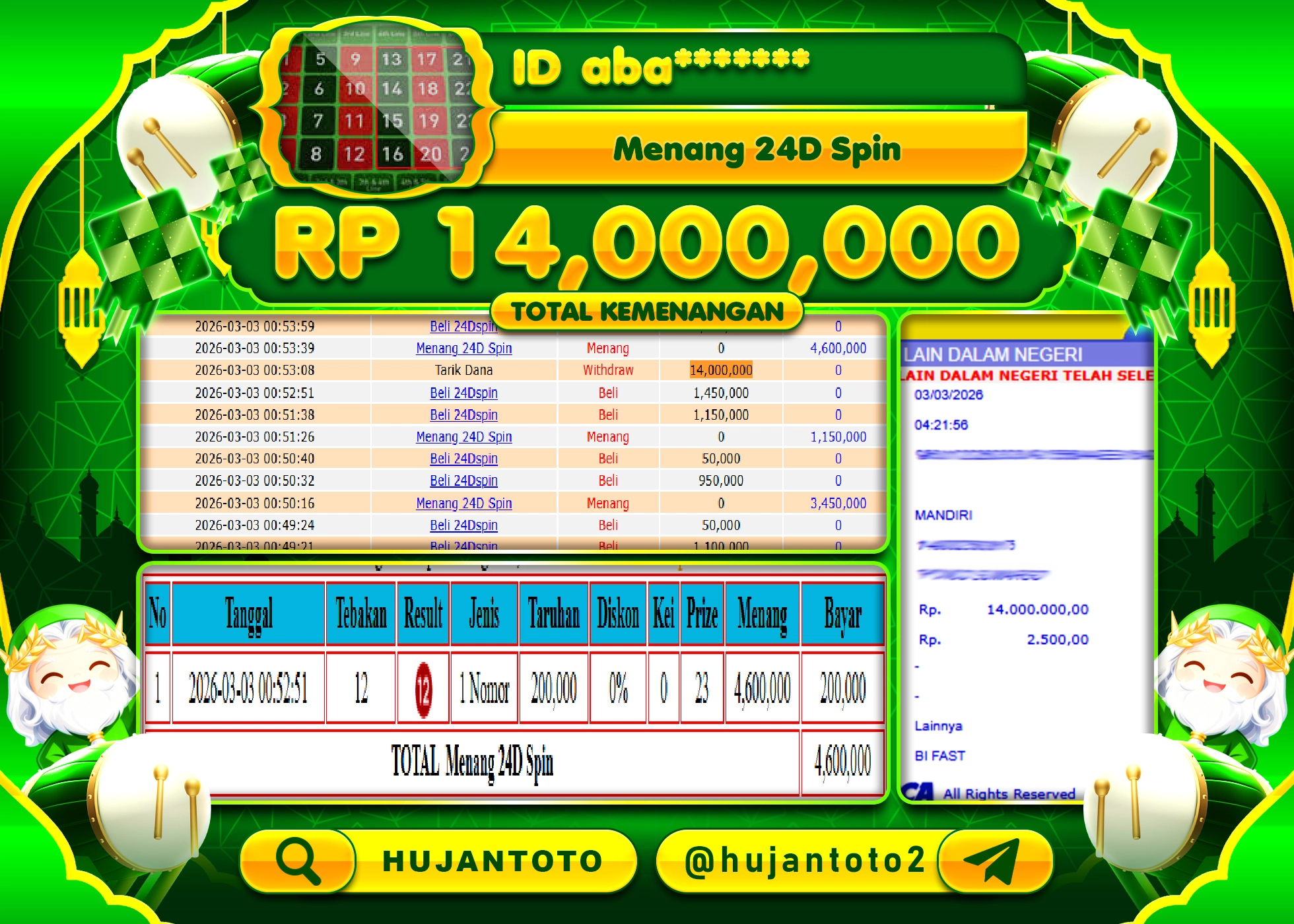 HUJANTOTO - BUKTI JACKPOT MENANG LIVEGAMES 24D SPIN Rp.14,000,000 - TERBAYAR LUNAS