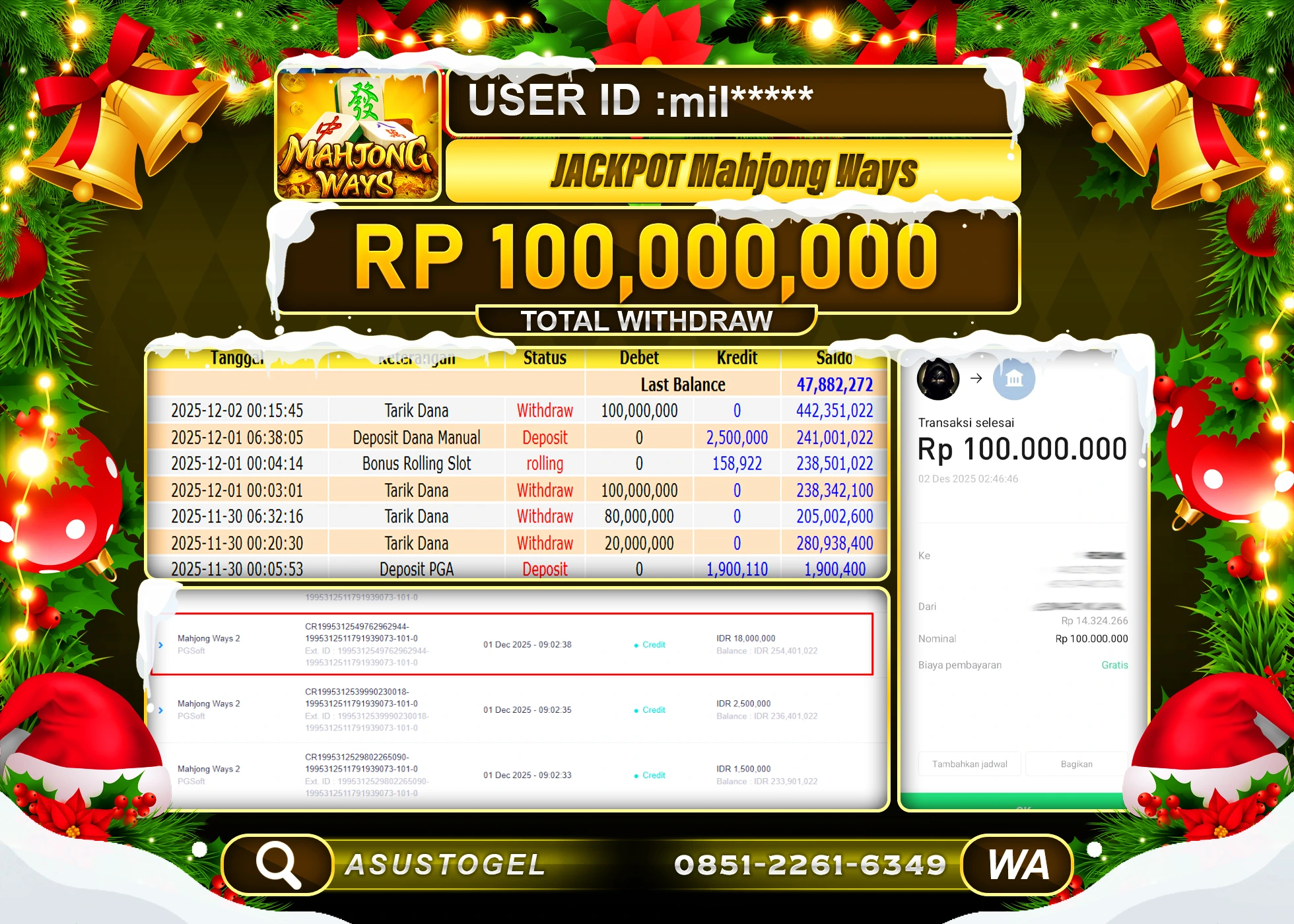 ASUSTOGEL KEMENANGAN DI SLOT MAHJONG WAYS PGSOFT SEBESAR 100,000,000 - RUPIAH LUNAS