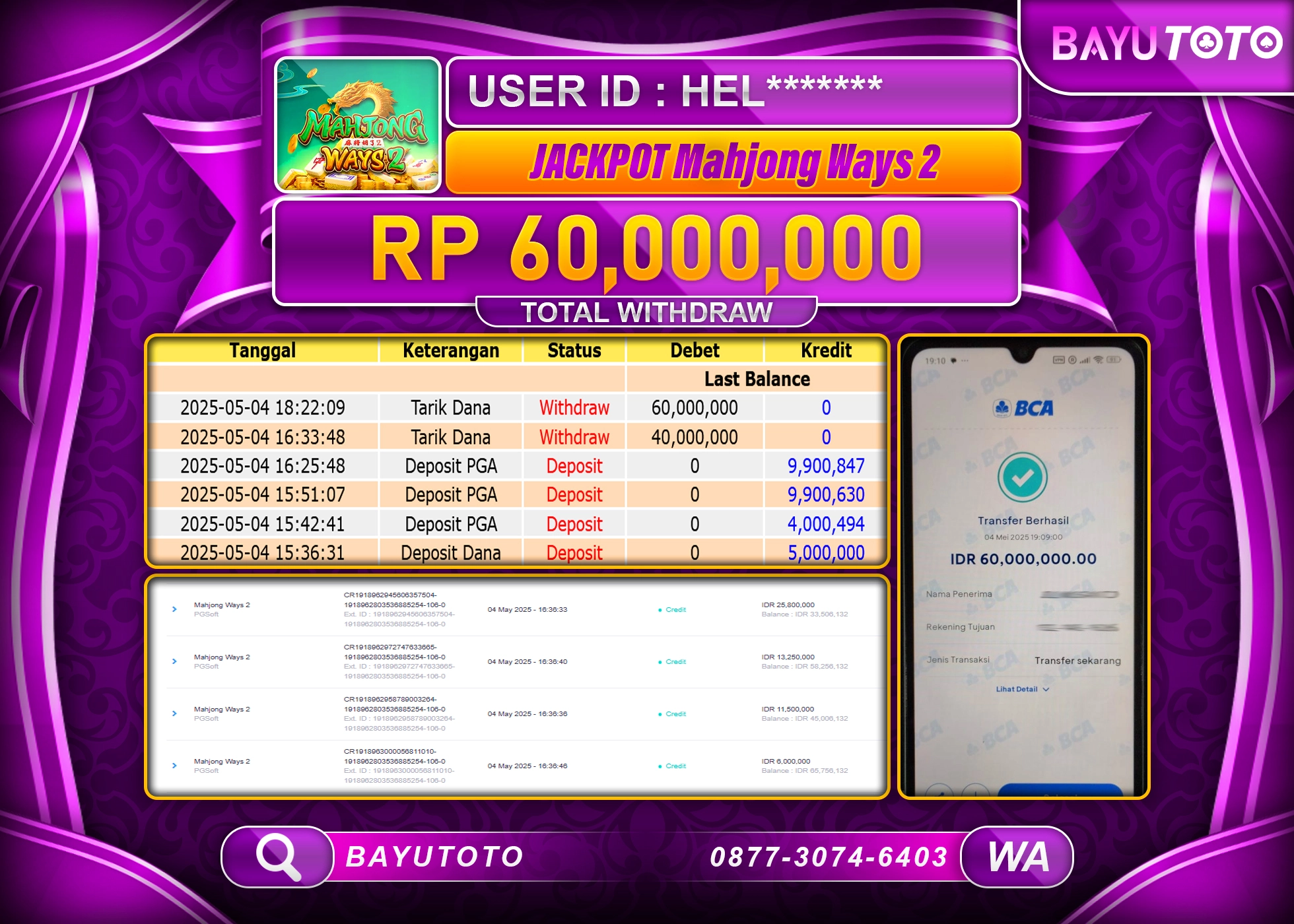 BAYUTOTO JACKPOT  Mahjong ways 2 PG Soft  Rp.60,000,000 LUNAS