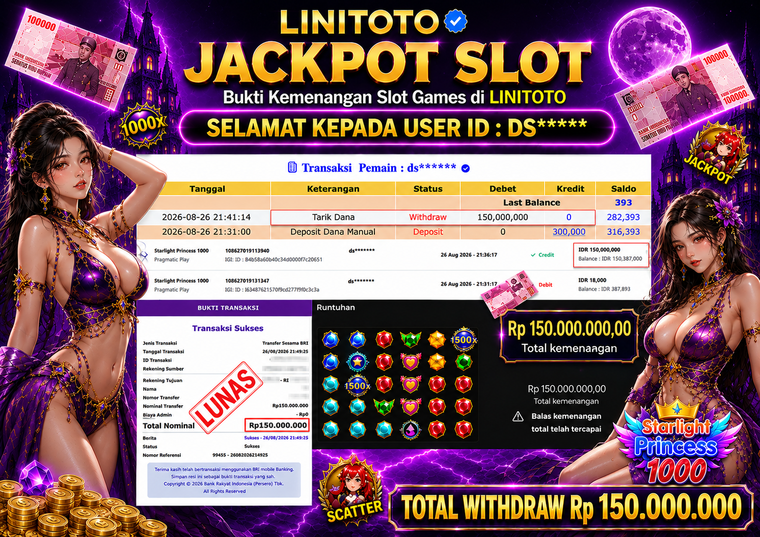 LINITOTO JACKPOT SLOT Starlight Princess 1000 Rp.150,000,000 - LUNAS