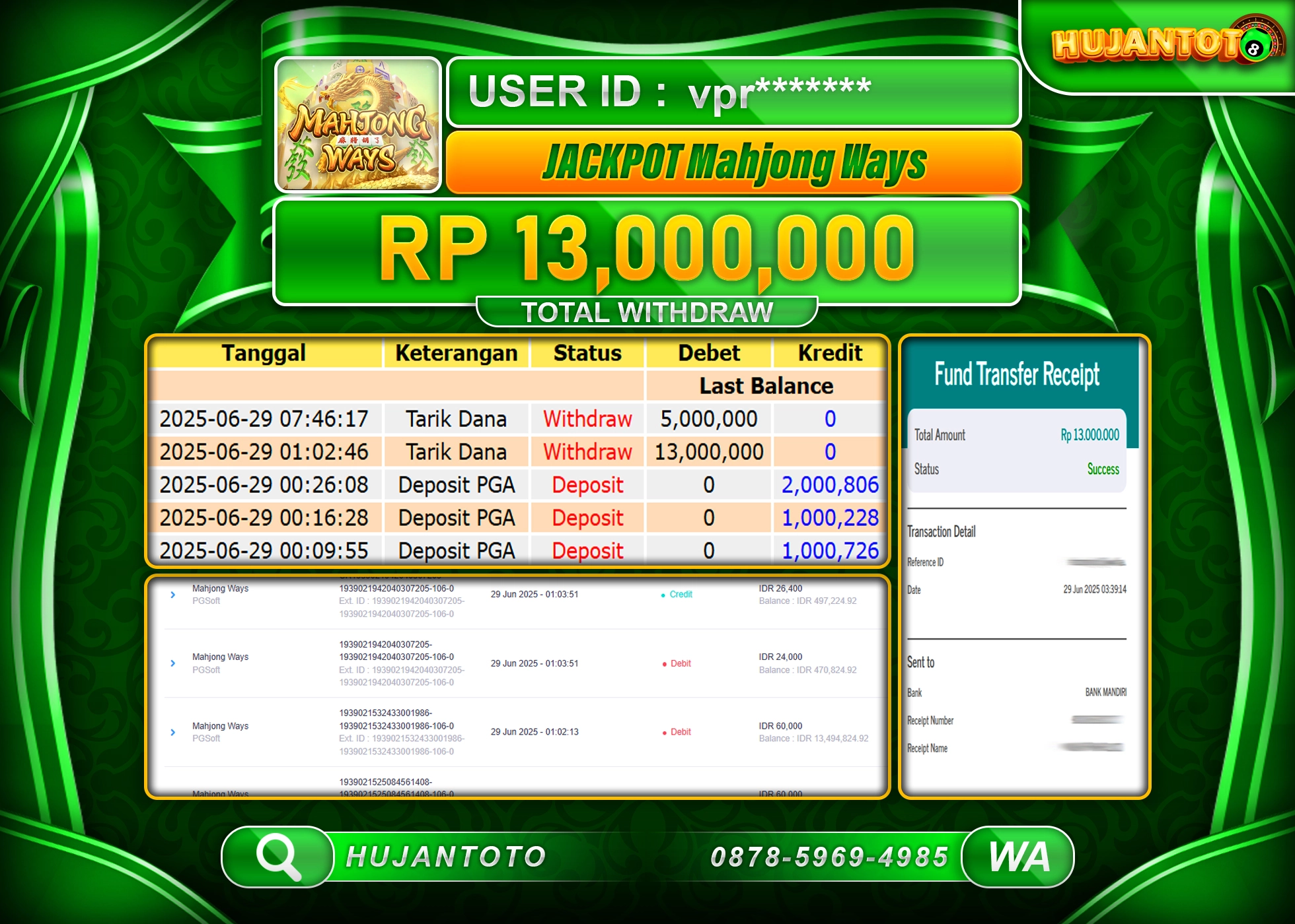 HUJANTOTO - BUKTI JACKPOT MENANG SLOT MAHJONG WAYS PG SOFT Rp.13,000,000-TERBAYAR LUNAS