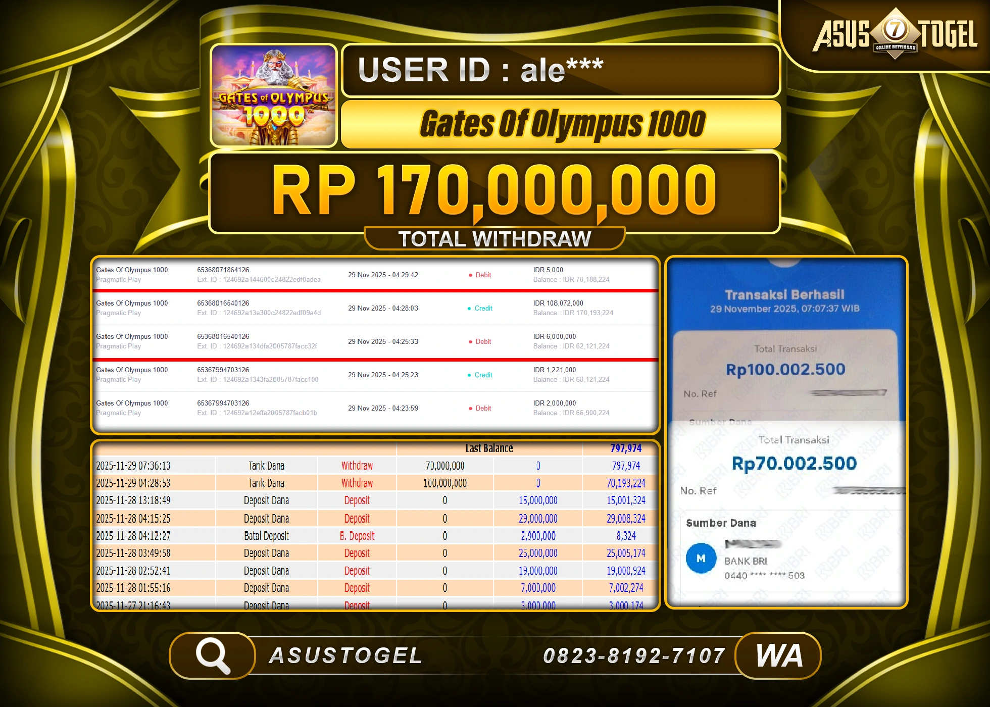 ASUSTOGEL KEMENANGAN DI SLOT GATES OF OLYMPUS 1000 SEBESAR 170,000,000 - RUPIAH LUNAS