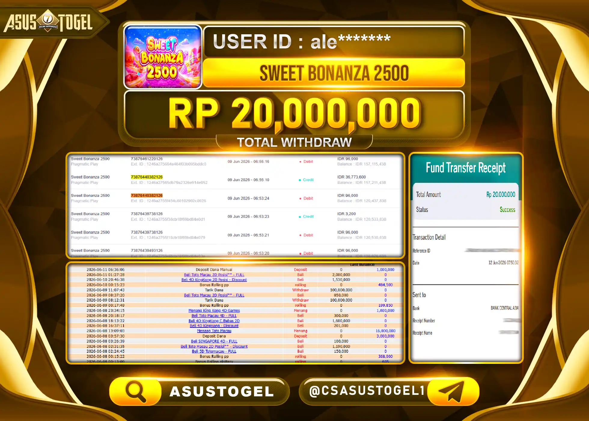 ASUSTOGEL KEMENANGAN JACKPOT PERMAINAN SLOT SWEET BONANZA 2500 Rp.20,000,000 - RUPIAH LUNAS