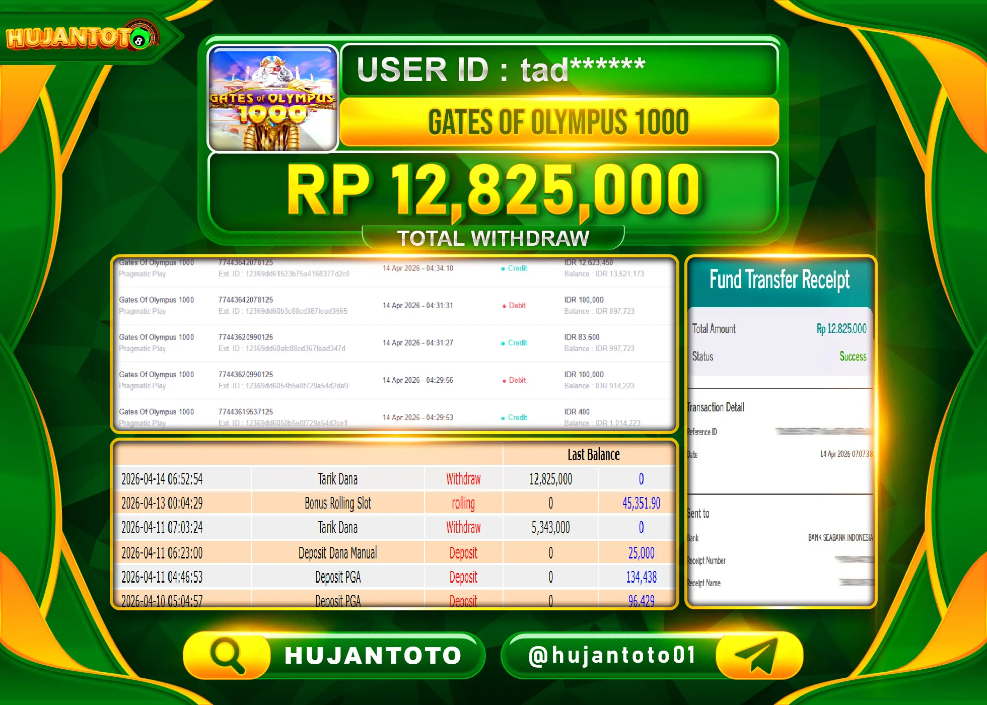 HUJANTOTO - BUKTI JACKPOT MENANG SLOT GATES OF OLYMPUS 1000 Rp.12,825,000 - TERBAYAR LUNAS
