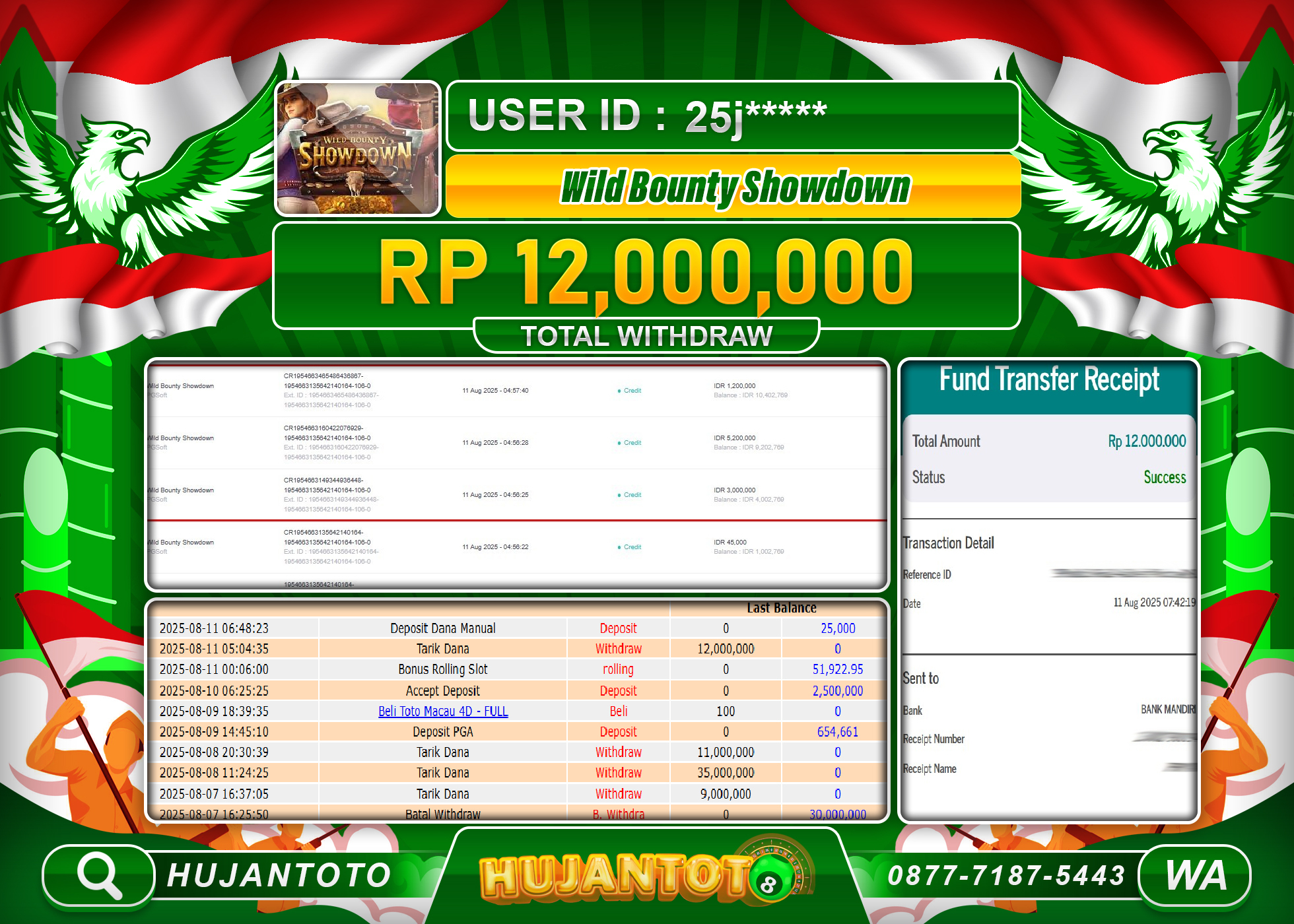 HUJANTOTO - BUKTI JACKPOT MENANG SLOT WILD BOUNTY SHOWDOWN Rp.12,000,000 - TERBAYAR LUNAS