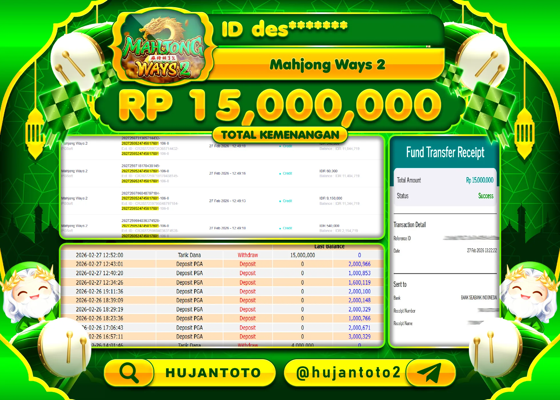 HUJANTOTO - BUKTI JACKPOT MENANG SLOT MAHJONG WAYS 2 Rp.15,000,000 - TERBAYAR LUNAS