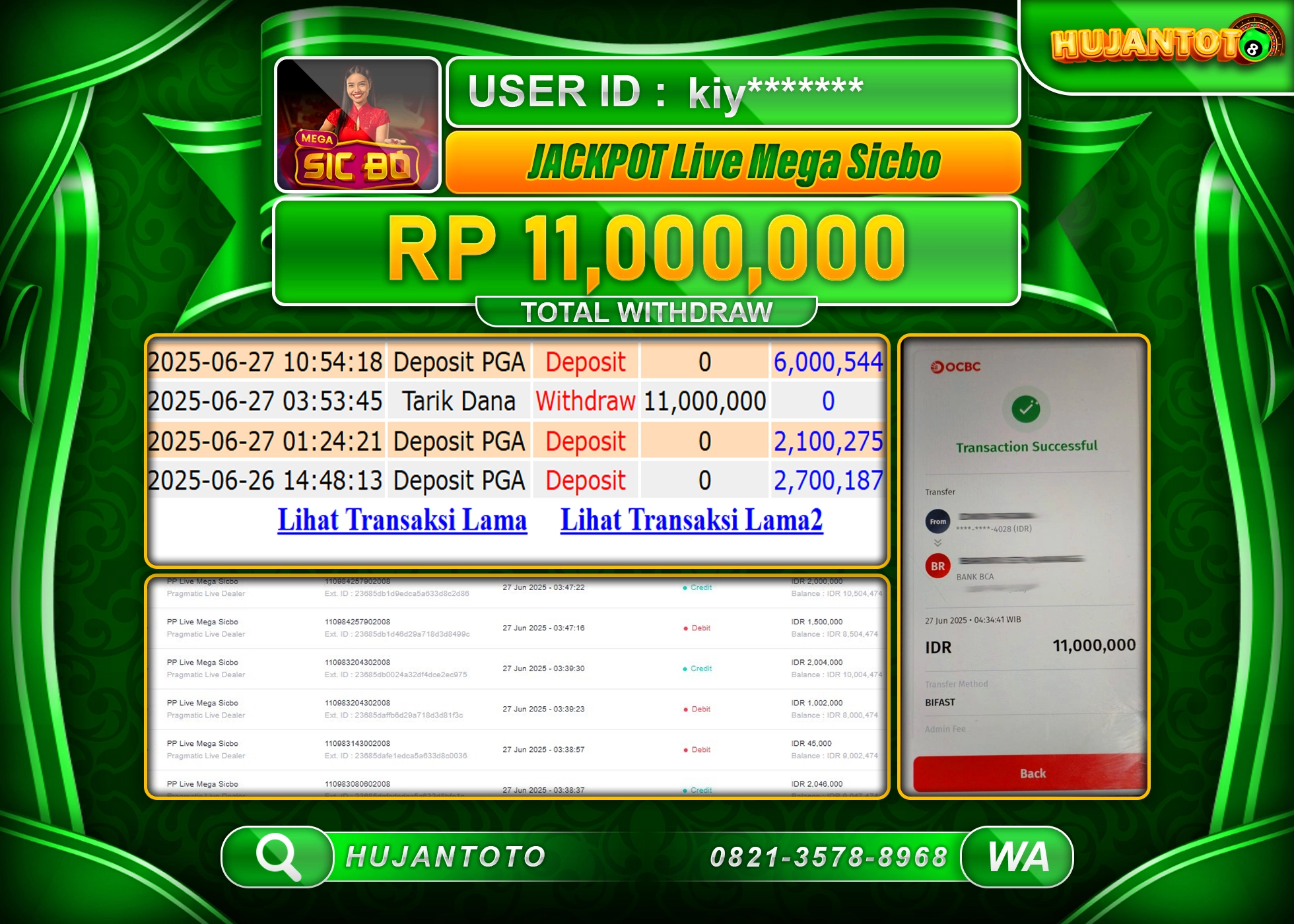 HUJANTOTO - BUKTI JACKPOT MENANG DI LIVE GAME LIVE MEGA SICBO Rp.11,000,000 - TERBAYAR LUNAS