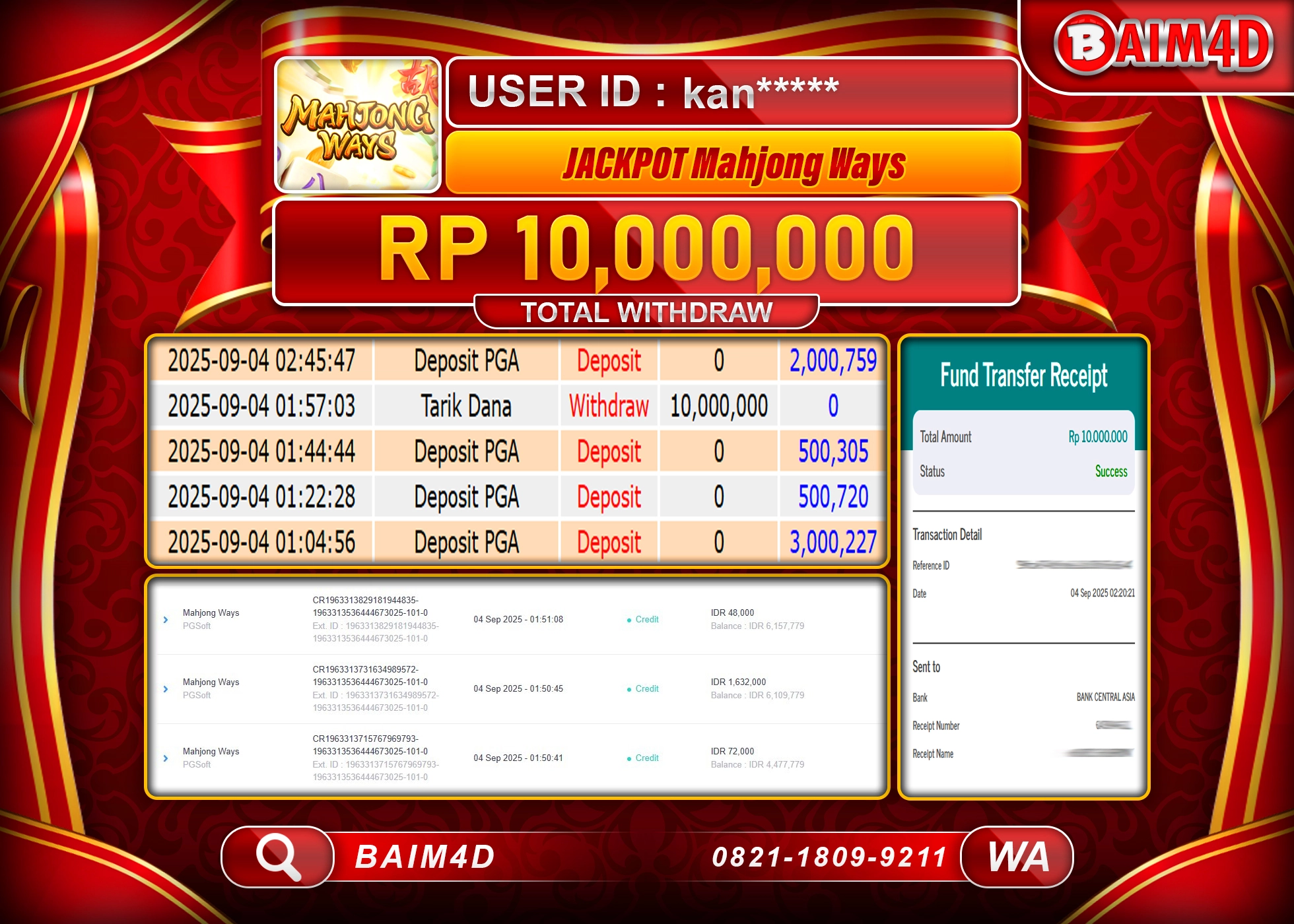 BAIM4D JACKPOT SLOT MAHJONG WAYS PG SOFT Rp.10,000,000.- LUNAS