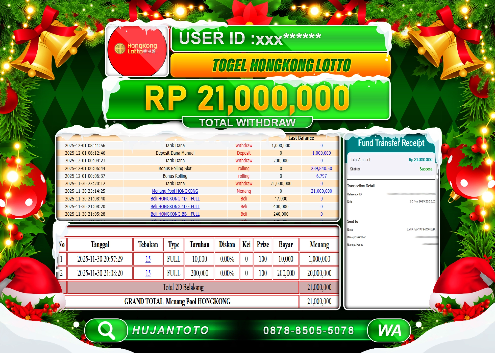 HUJANTOTO - BUKTI JACKPOT MENANG TOGEL HONGKONG LOTTO Rp.21,000,000 - TERBAYAR LUNAS