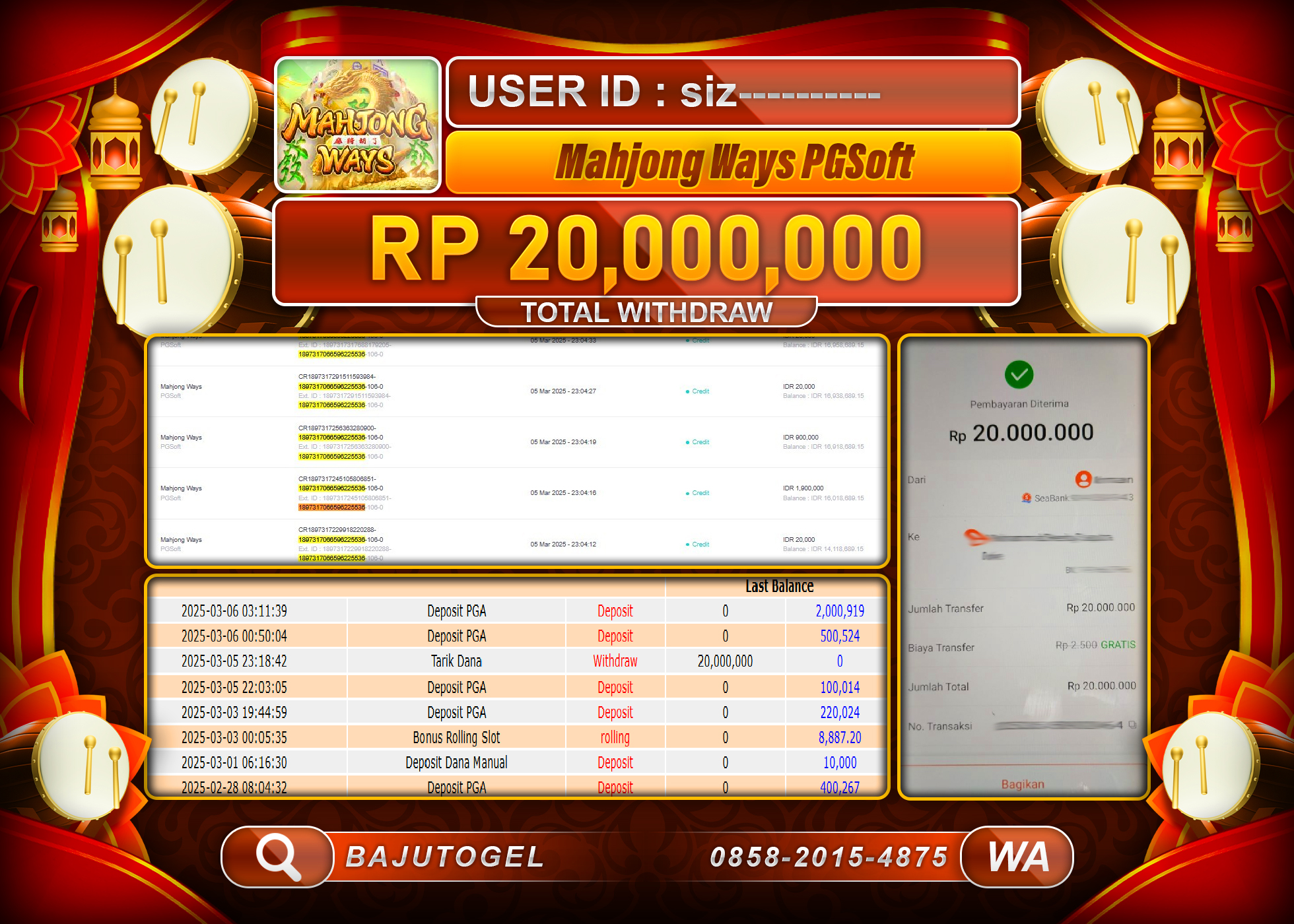 BAJUTOGEL KEMENANGAN MAHJONG WAYS Rp.20.000.000 LUNAS
