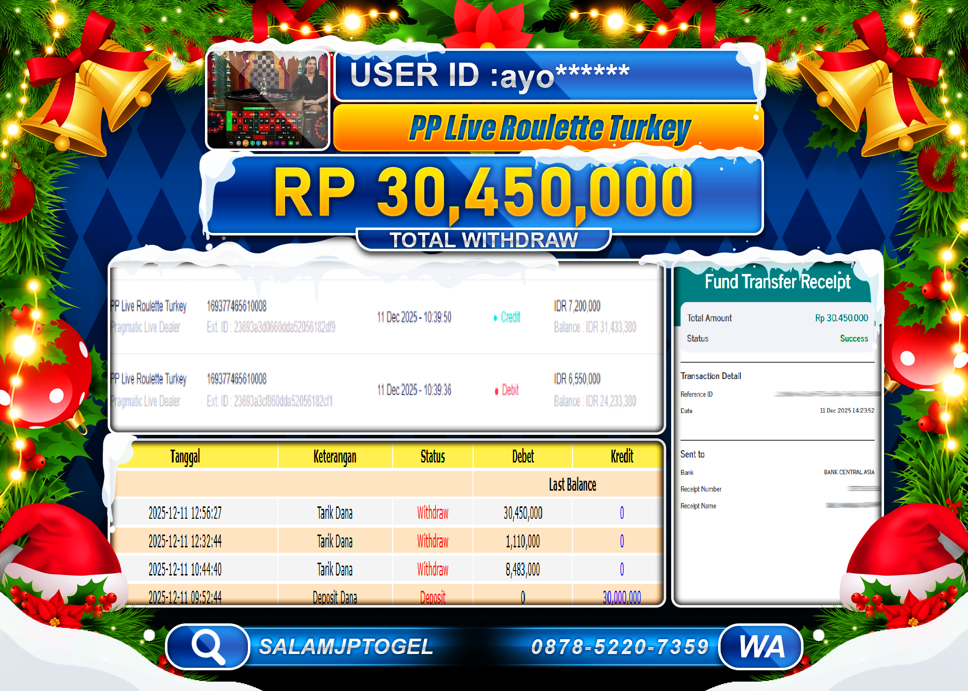 SALAMJPTOGEL JACKPOT PP LIVE ROULETTE TURKEY Rp.30,450,000 - LUNAS