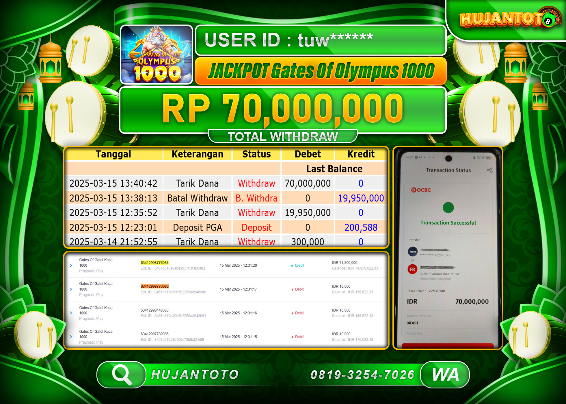 HUJANTOTO - BUKTI JACKPOT MENANG SLOT GATES OF OLYMPUS 1000, Rp,70,000,000 - TERBAYAR LUNAS
