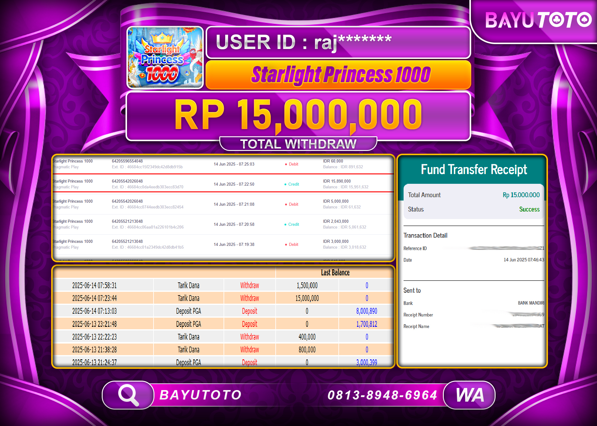 BAYUTOTO JACKPOT  DI STARLIGHT PRINCESS 1000 Rp.15.000.000 LUNAS