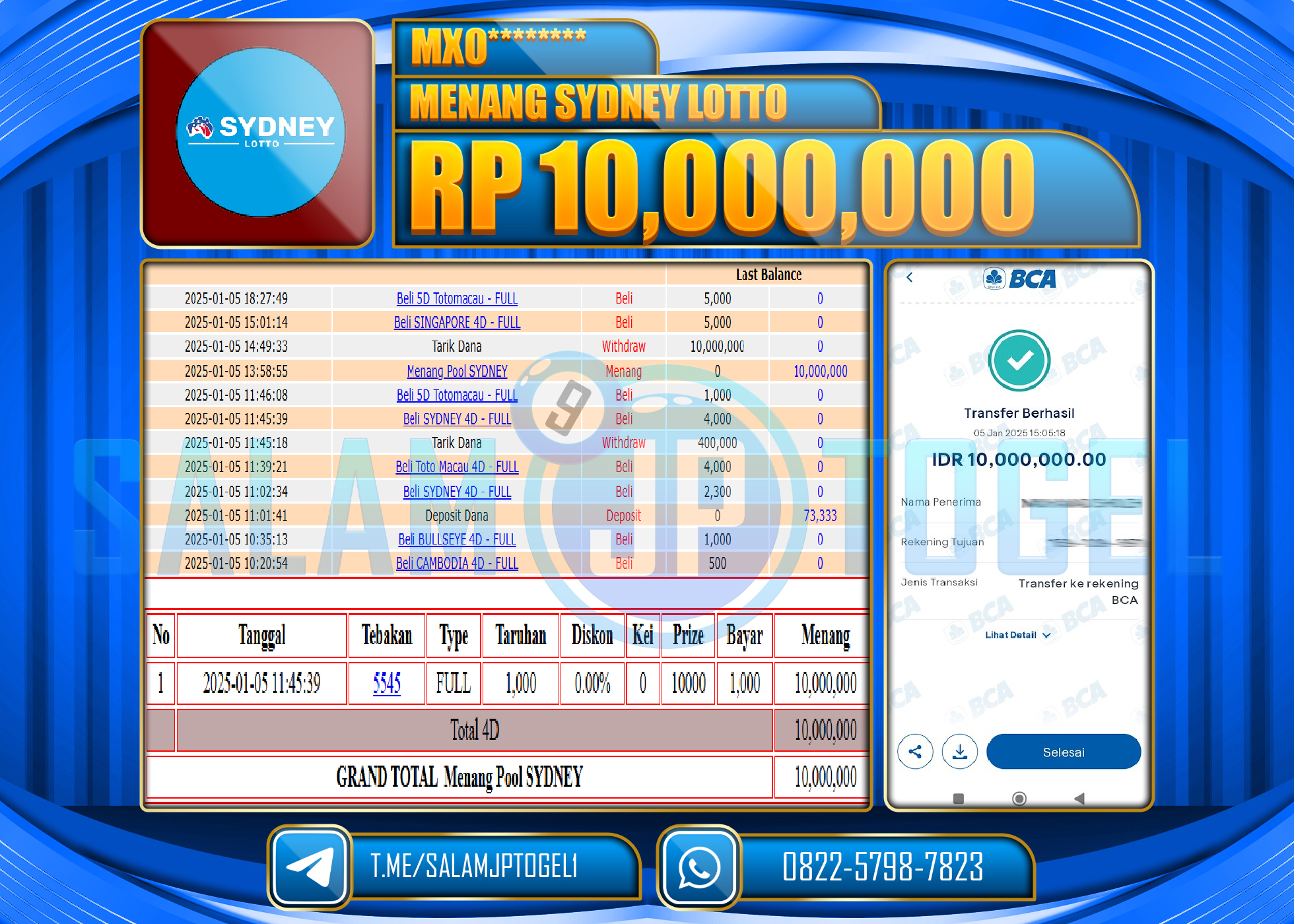 SALAMJPTOGEL MENANG SYDNEY LOTTO GAMES Rp.10,000,000 LUNAS
