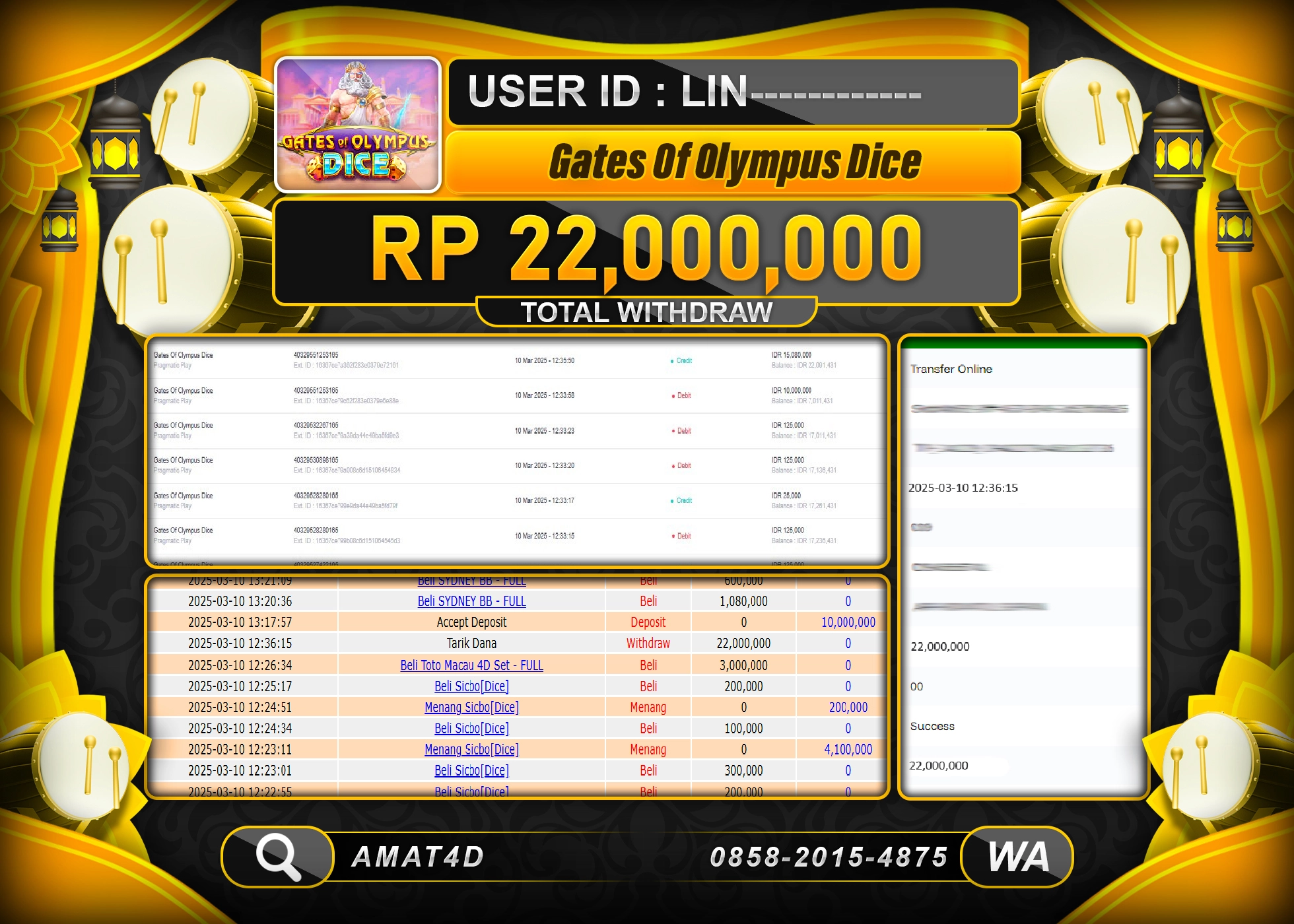 AMAT4D KEMENANGAN GATES OF OLYMPUS DICE Rp.22.000.000 BERHASIL TERBAYAR LUNAS