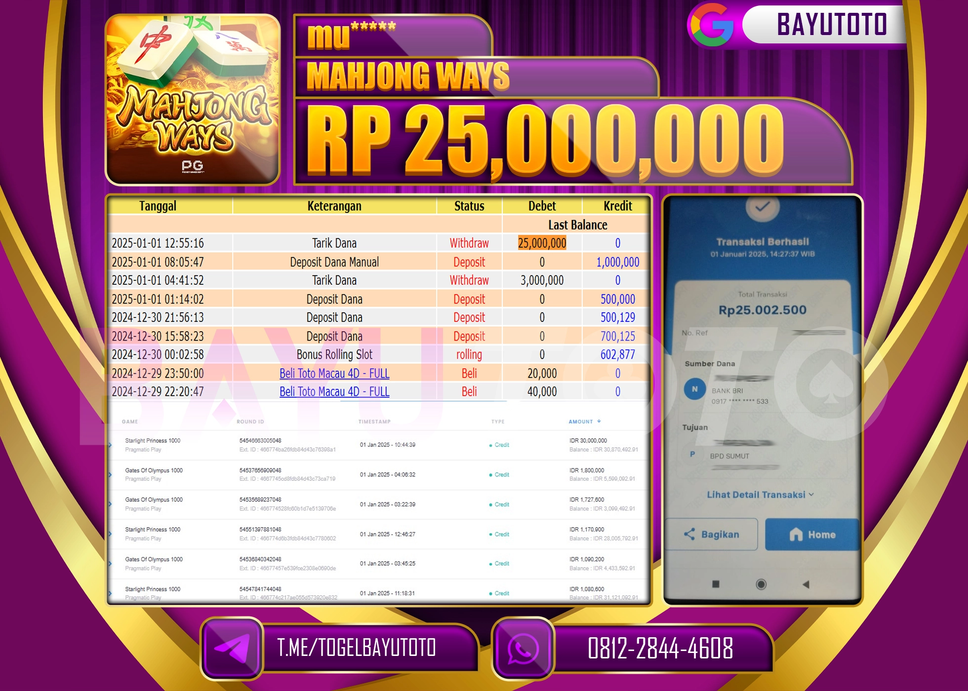 BAYUTOTO JACKPOT  DI SLOT GAME MAHJONG WAYS  Rp.25.000.000 LUNAS