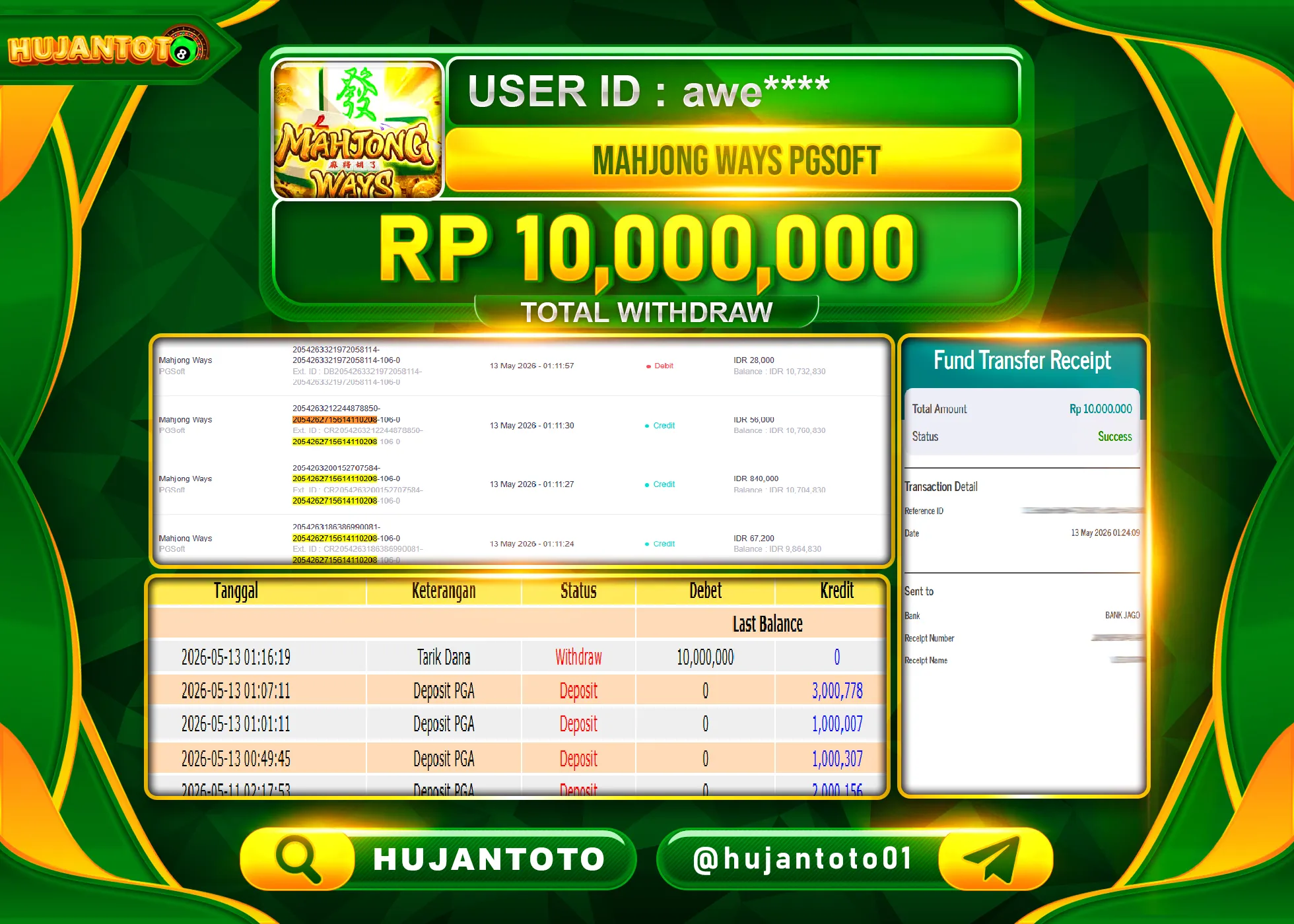 HUJANTOTO - BUKTI JACKPOT MENANG MAHJONG WAYS PGSOFT Rp.10,000,000 - TERBAYAR LUNAS