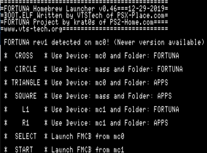 PS2 - FORTUNA Homebrew Launcher by VTSTech (BOOT.ELF replacement)