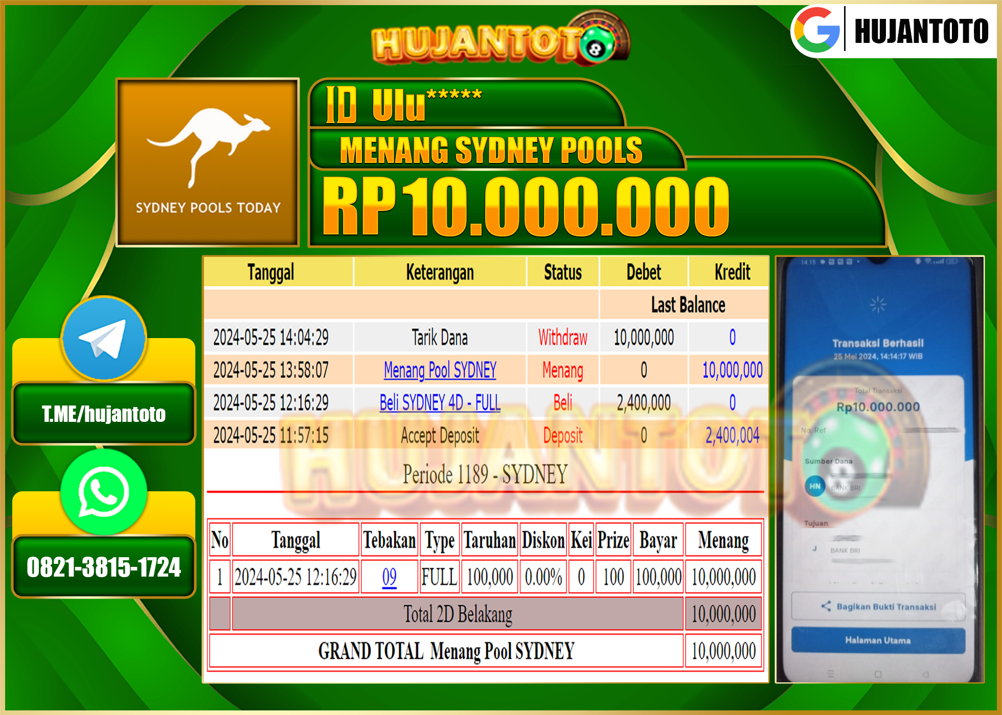 HUJANTOTO MENANG Togel Pool SYDNEY   10.000.000 - LUNAS 