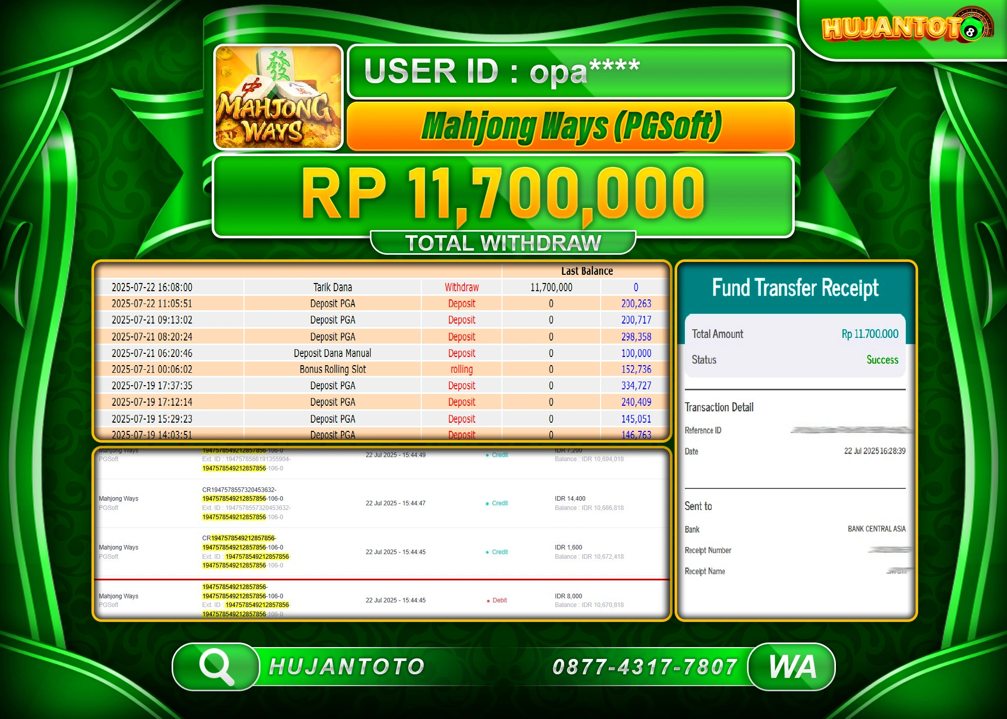 HUJANTOTO - BUKTI JACKPOT MENANG SLOT MAHJONG WAYS Rp.11,700,000 - TERBAYAR LUNAS