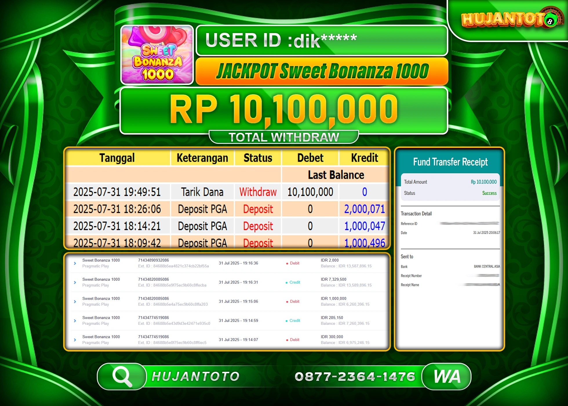HUJANTOTO - BUKTI JACKPOT MENANG SLOT SWEET BONANZA 1000 Rp.10,100,000 - TERBAYAR LUNAS