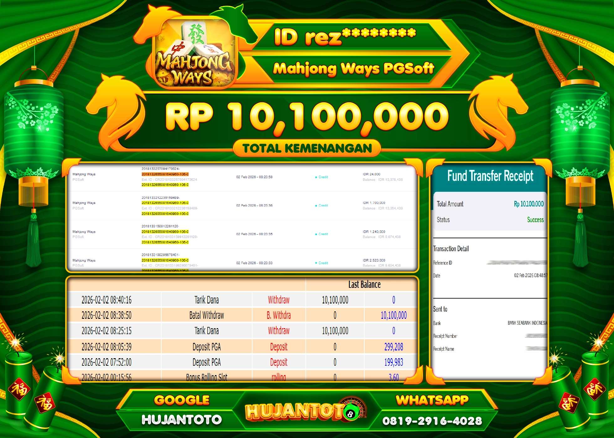 HUJANTOTO - BUKTI JACKPOT MENANG SLOT MAHJONG WAYS Rp.10,100,000 - TERBAYAR LUNAS