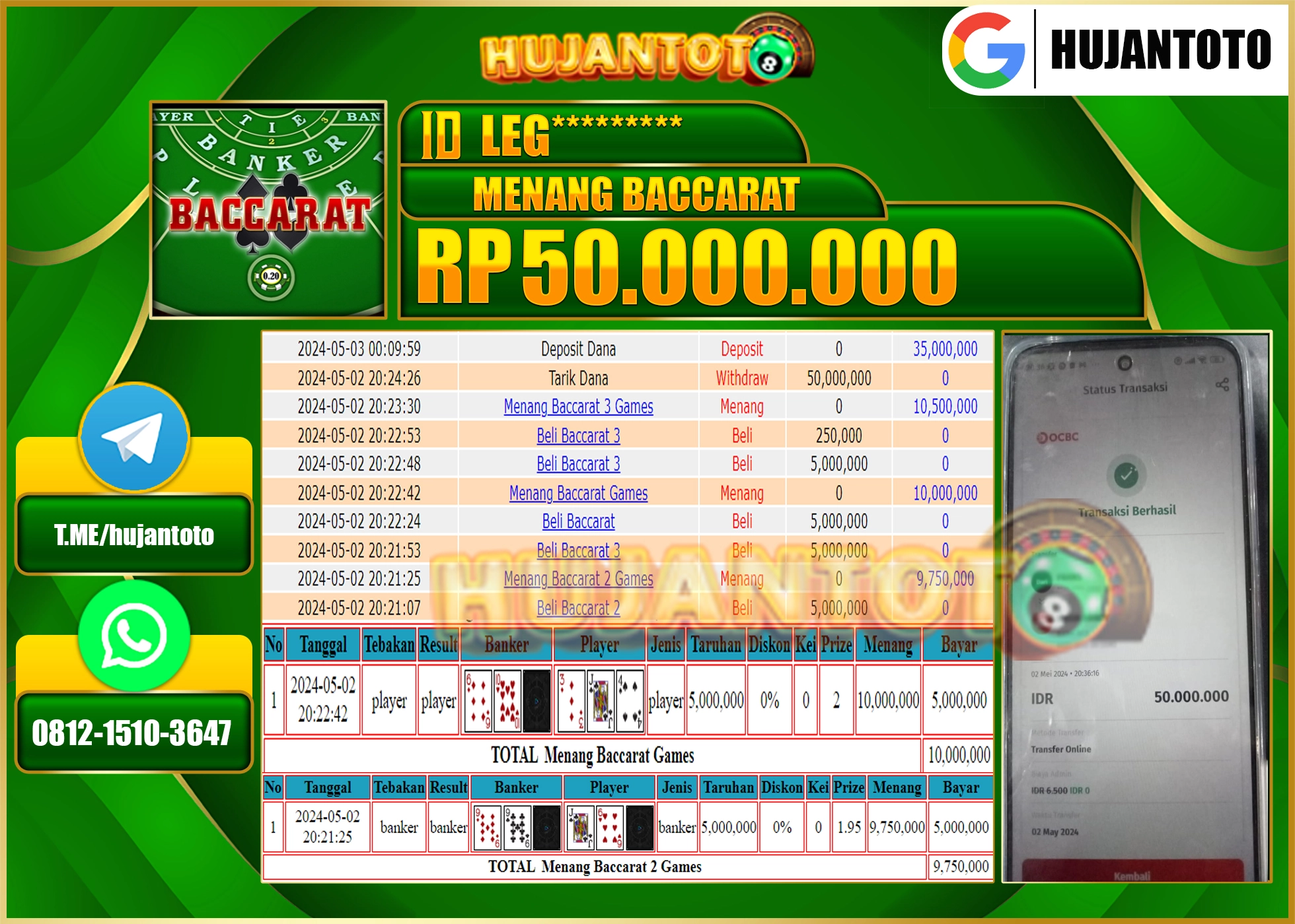 HUJANTOTO MENANG BACCARAT 50.000.000 - LUNAS