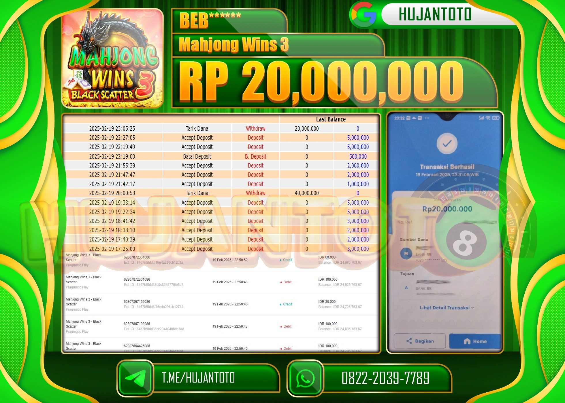 HUJANTOTO - BUKTI JACKPOT MENANG SLOT MAHJONG WINS 3 Rp,20.000,000 - TERBAYAR LUNAS