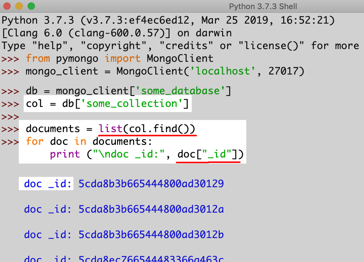 Iterating over MongoDB documents returned by the Collection's find() method inside list()