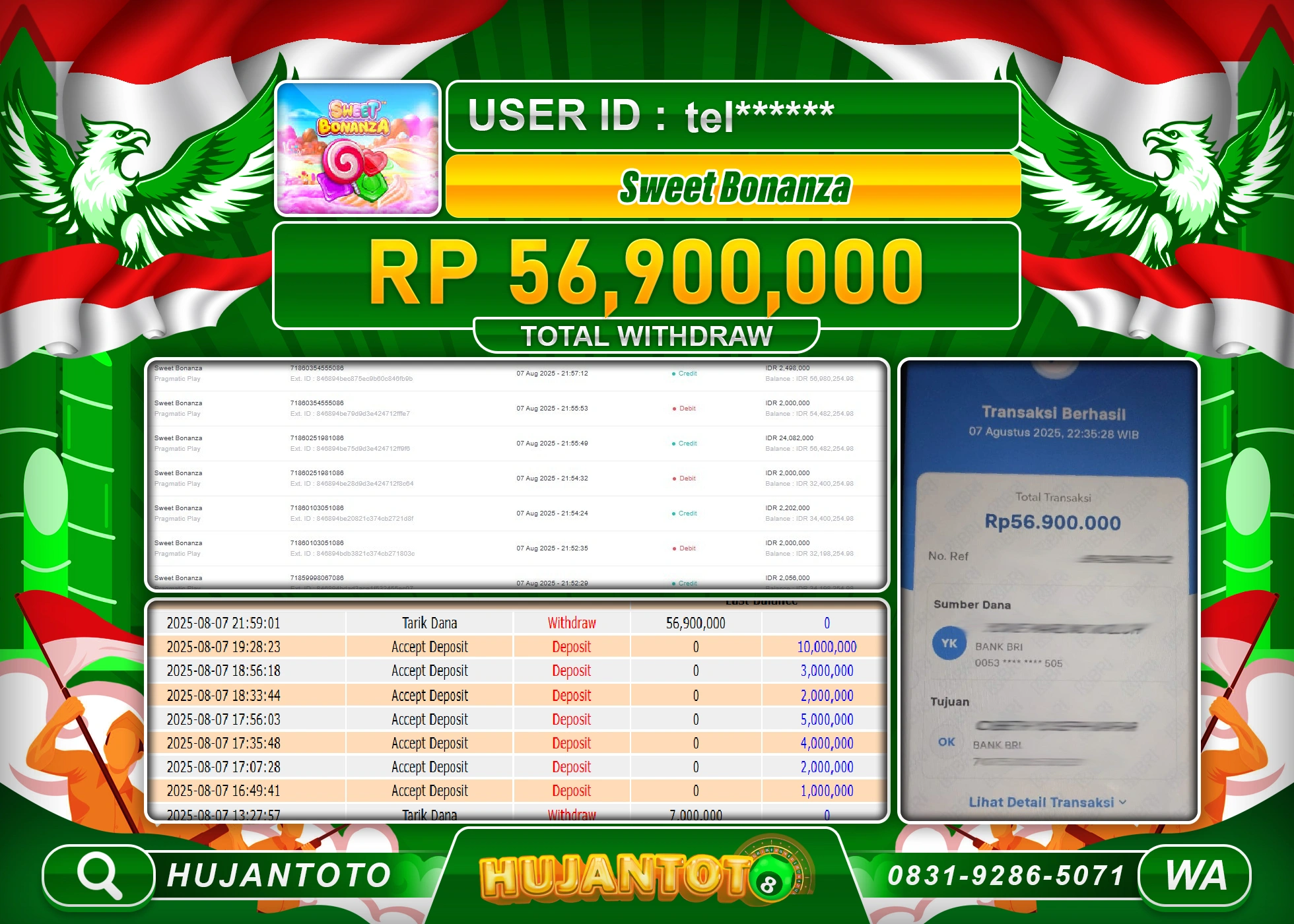 HUJANTOTO - BUKTI JACKPOT MENANG SLOT SWEET BONANZA Rp.56,900,000 - TERBAYAR LUNAS