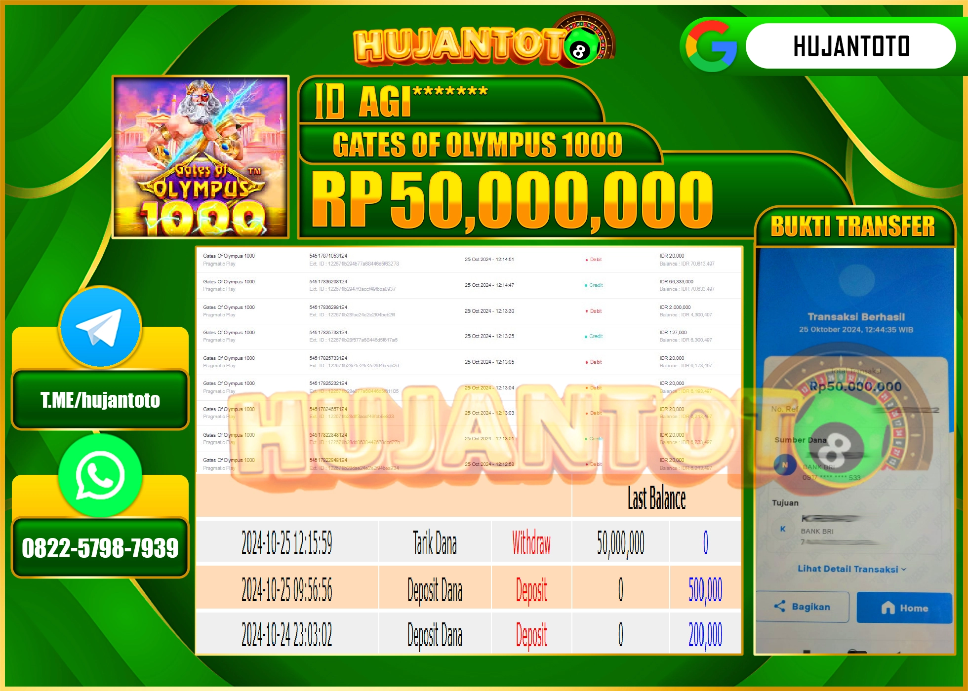 HUJANTOTO MENANG DI PERMAINAN GATES OF OLYMPUS 1000 - 50,000,000 - LUNAS