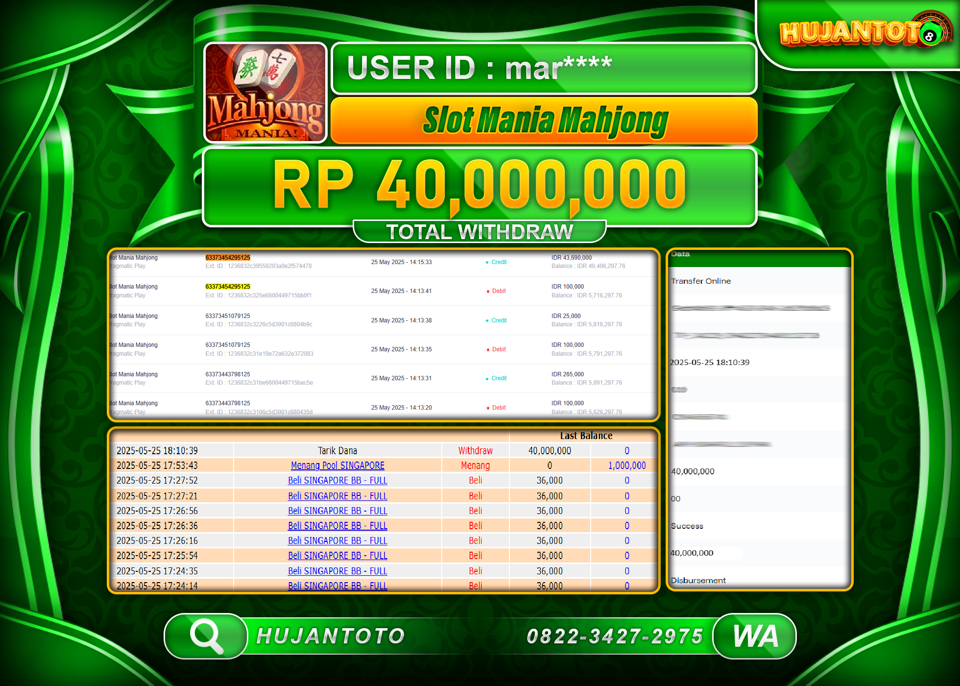 HUJANTOTO - BUKTI JACKPOT MENANG SLOT MANIA MAHJONG Rp.40,000,000 - TERBAYAR LUNAS