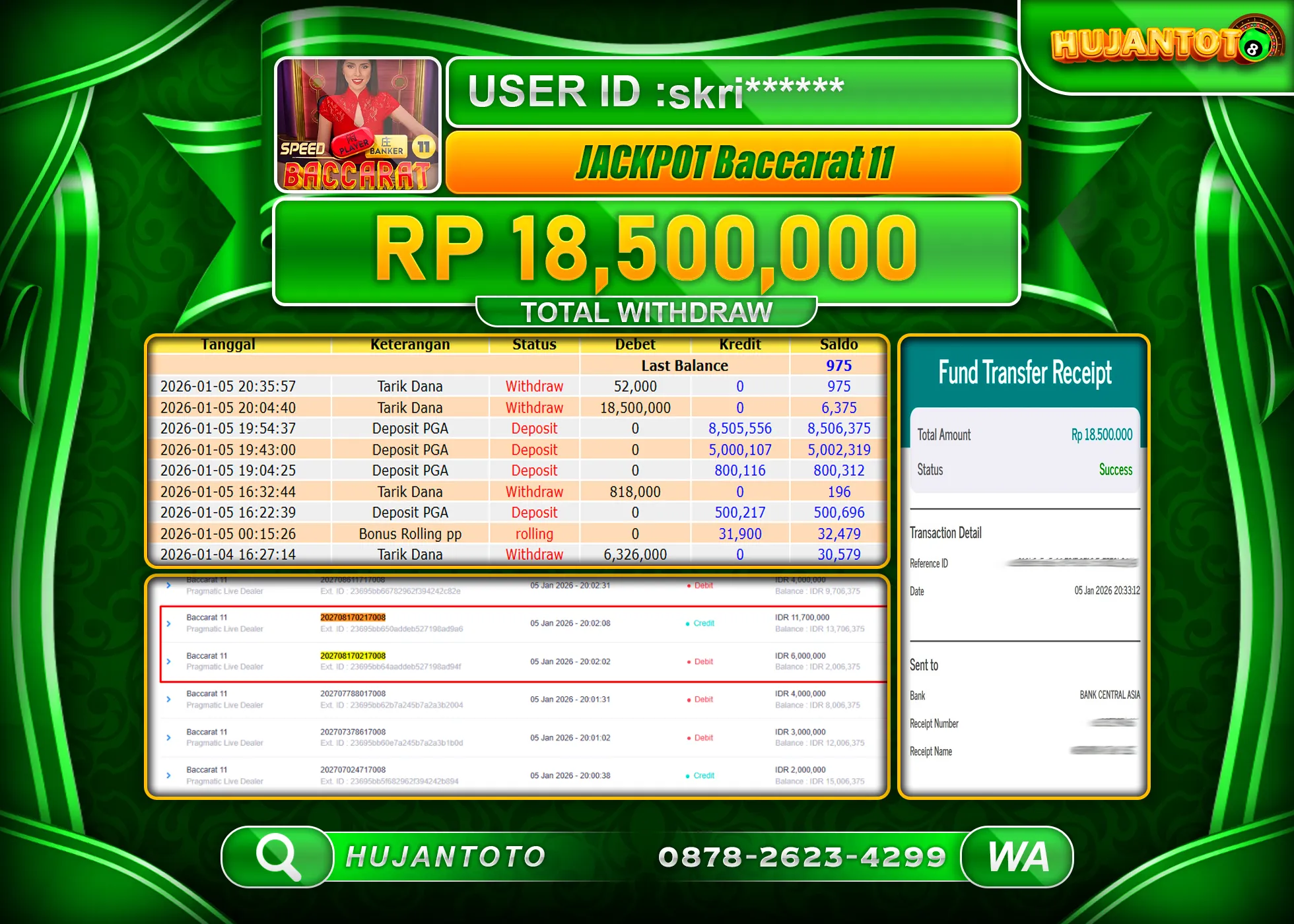 HUJANTOTO - BUKTI JACKPOT MENANG LIVE GAME BACCARAT 11 Rp.18,500,000 - TERBAYAR LUNAS