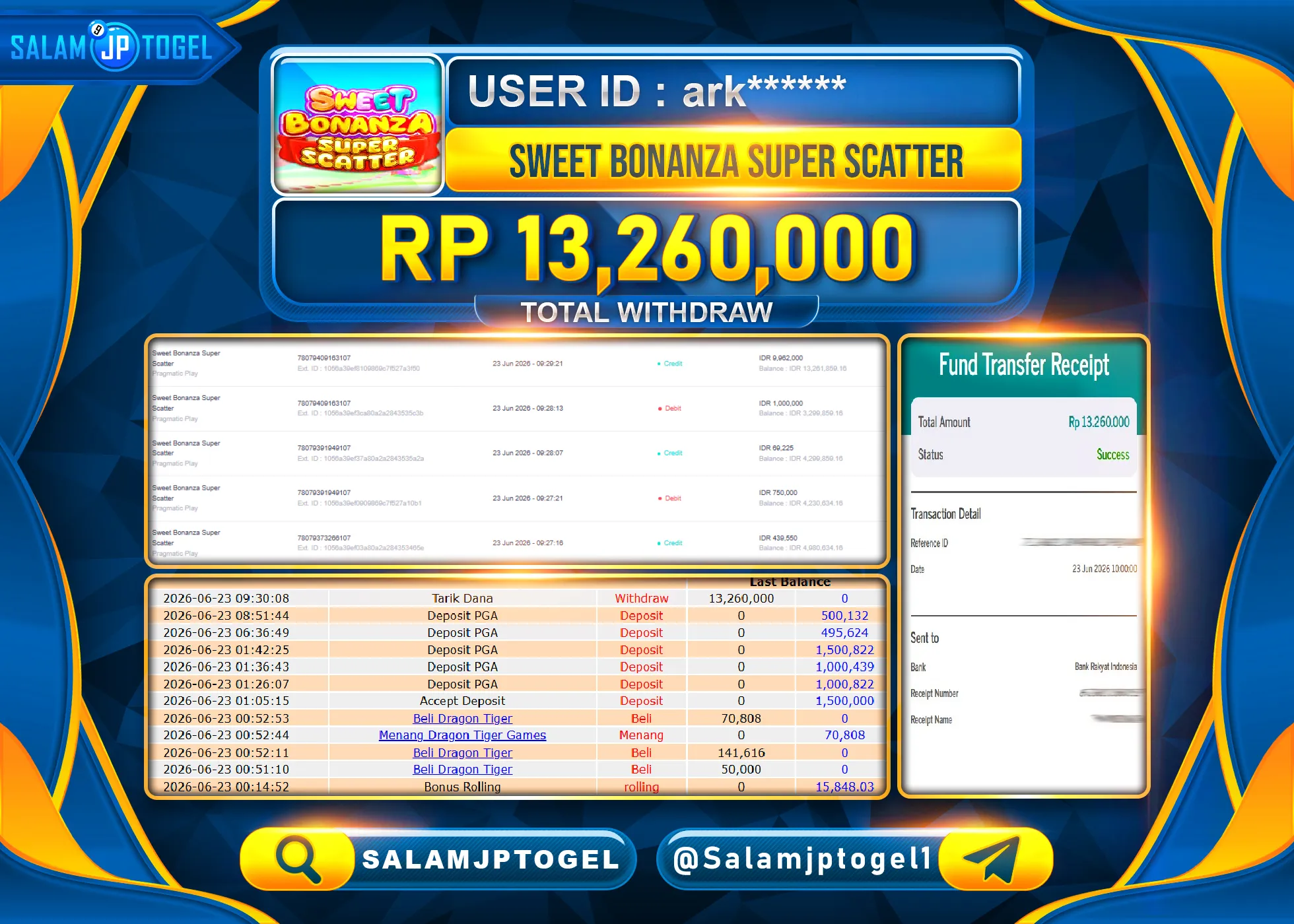 SALAMJPTOGEL Menang SWEET BONANZA SUPER SCATTER Rp.13,260,000- LUNAS