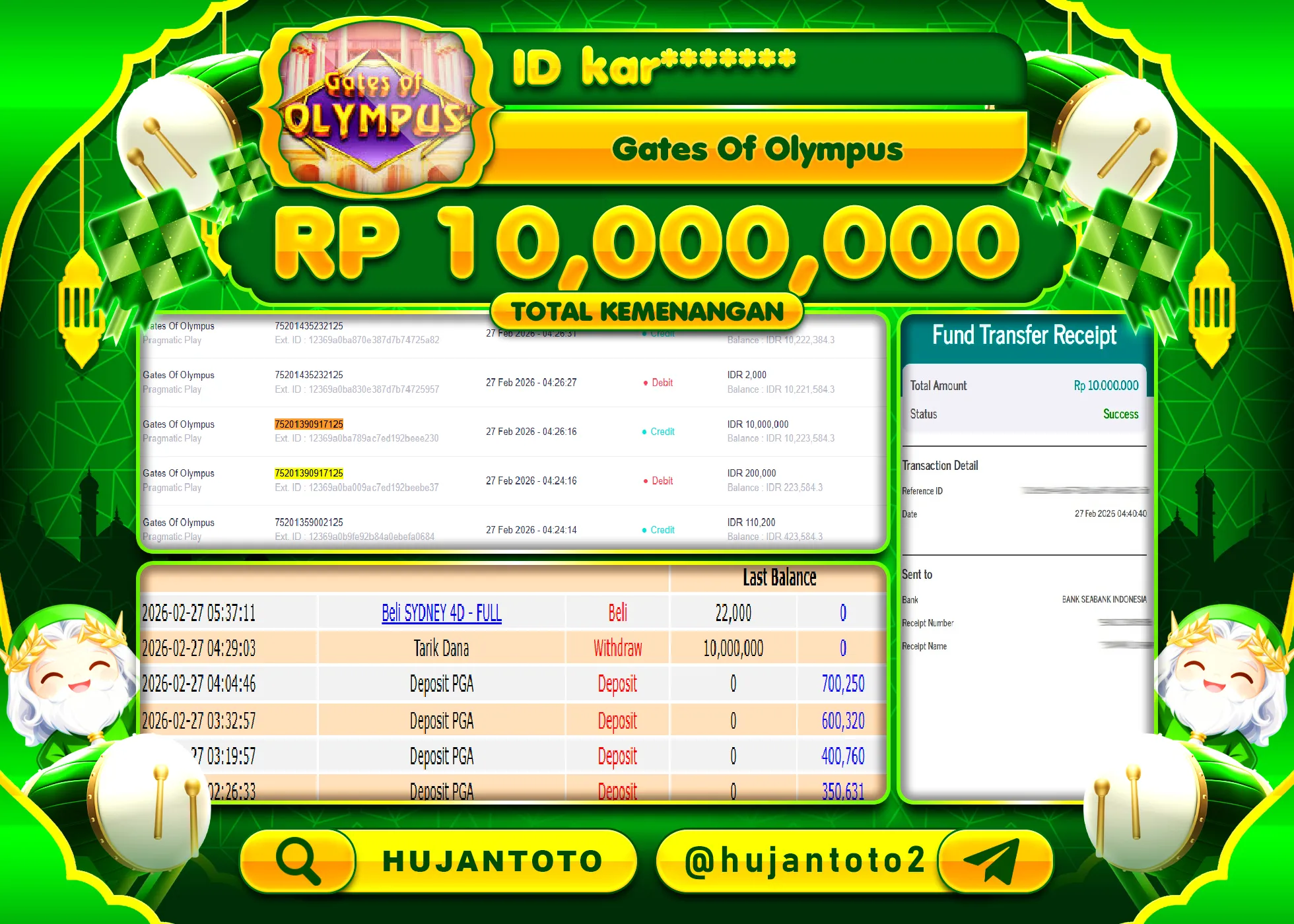 HUJANTOTO - BUKTI JACKPOT MENANG SLOT GATES OF OLYMPUS Rp.10,000,000 - TERBAYAR LUNAS