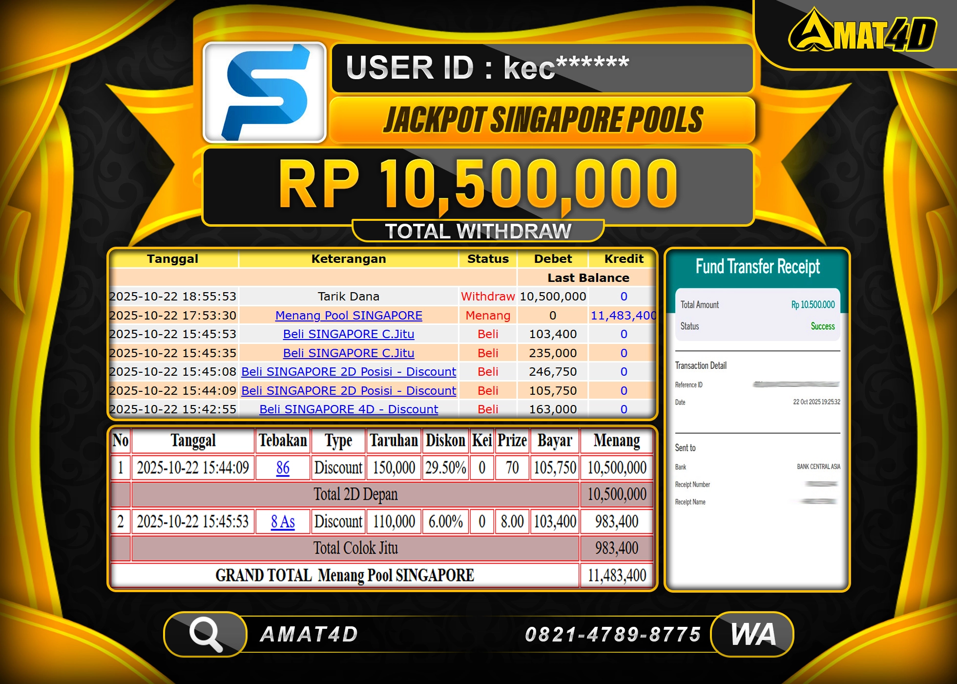 AMAT4D KEMENANGAN TOGEL SINGAPORE POOLS Rp.10.500.000 BERHASIL TERBAYAR LUNAS