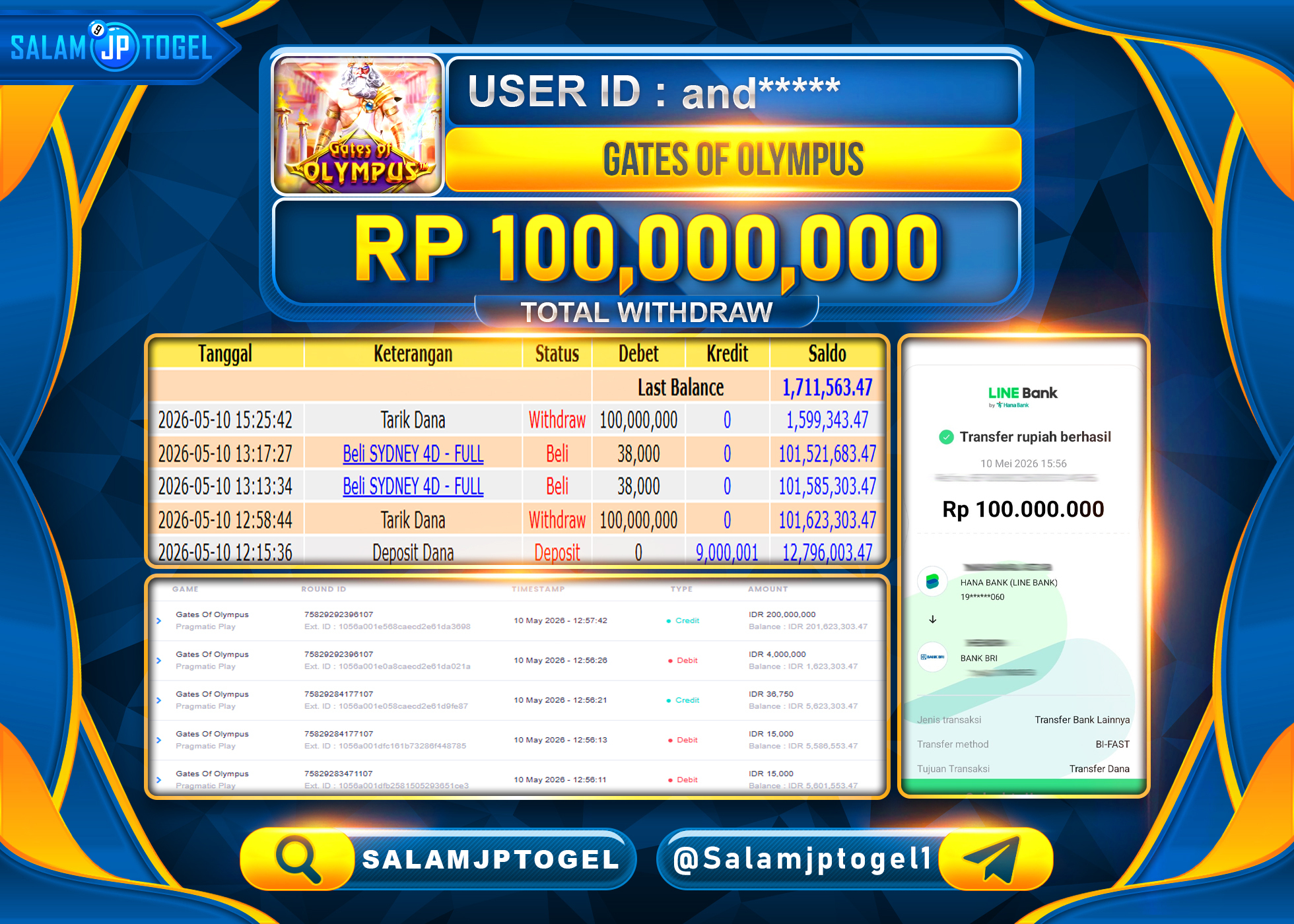 SALAMJPTOGEL JACKPOT Gates Of Olympus (Pragmatic Play) Rp.100,000,000- LUNAS