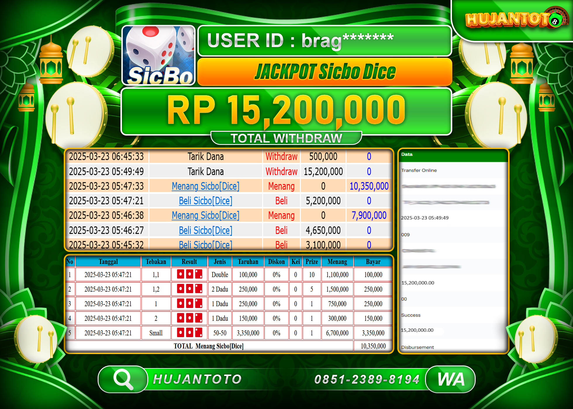 HUJANTOTO - BUKTI JACKPOT MENANG DI  GAMES SICBO DICE Rp,15,200,000- TERBAYAR LUNAS