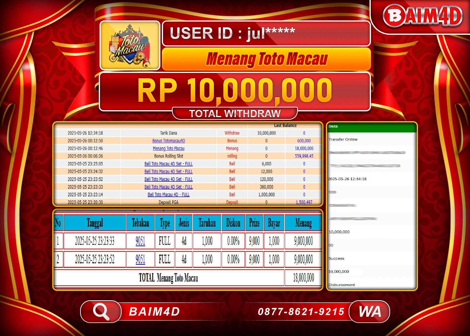 BAIM4D MENANG JACKPOT TOGEL TOTO MACAU 4D Rp10,000,000 - LUNAS