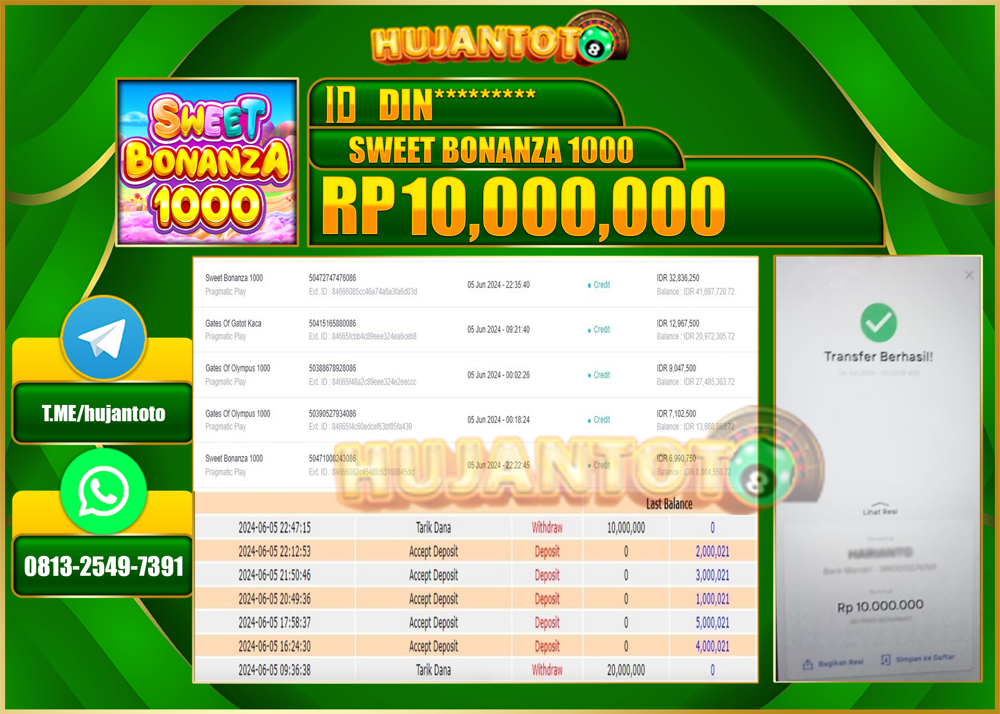 HUJANTOTO MENANG SLOT SWEET BONANZA (1000) 10.000.000 - LUNAS 