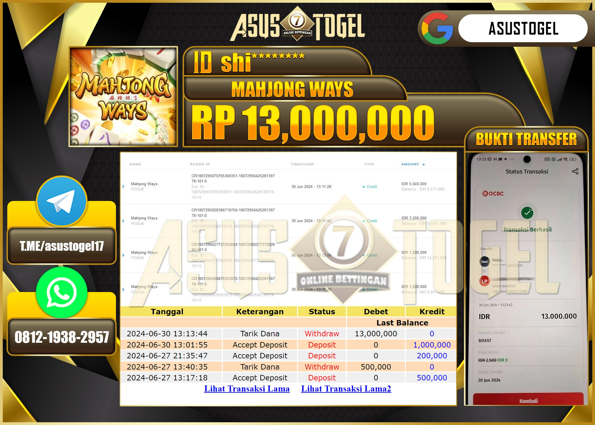 ASUSTOGEL KEMENANGAN MAHJONG WAYS SEBESAR 13,000,000-LUNAS