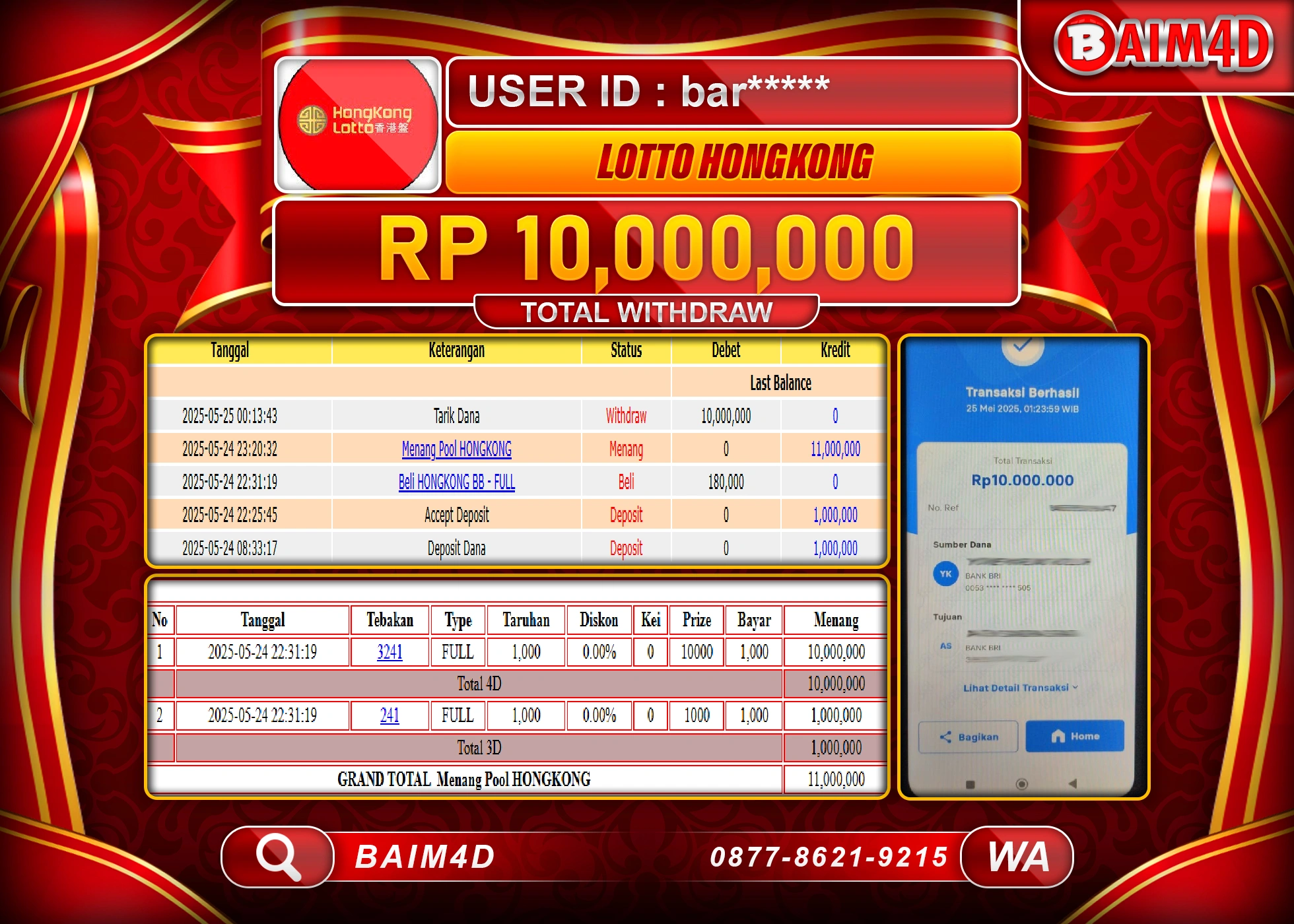 BAIM4D MENANG JACKPOT TOGEL HONGKONG LOTTO Rp10,000,000 - LUNAS