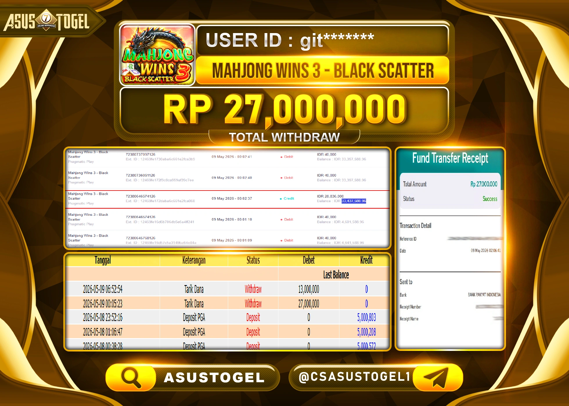 ASUSTOGEL KEMENANGAN JACKPOT DI PERMAINAN MAHJONG WINS 3 SEBESAR Rp.27,000,000 - RUPIAH LUNAS