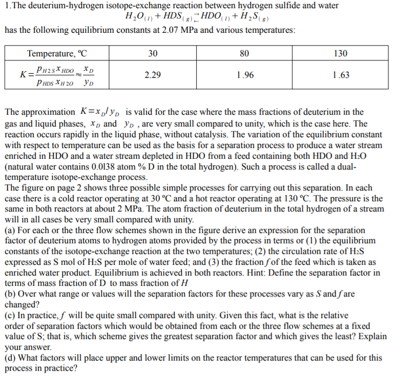 1.The deuterium-hydrogen isotope-exchange reaction | Chegg.com