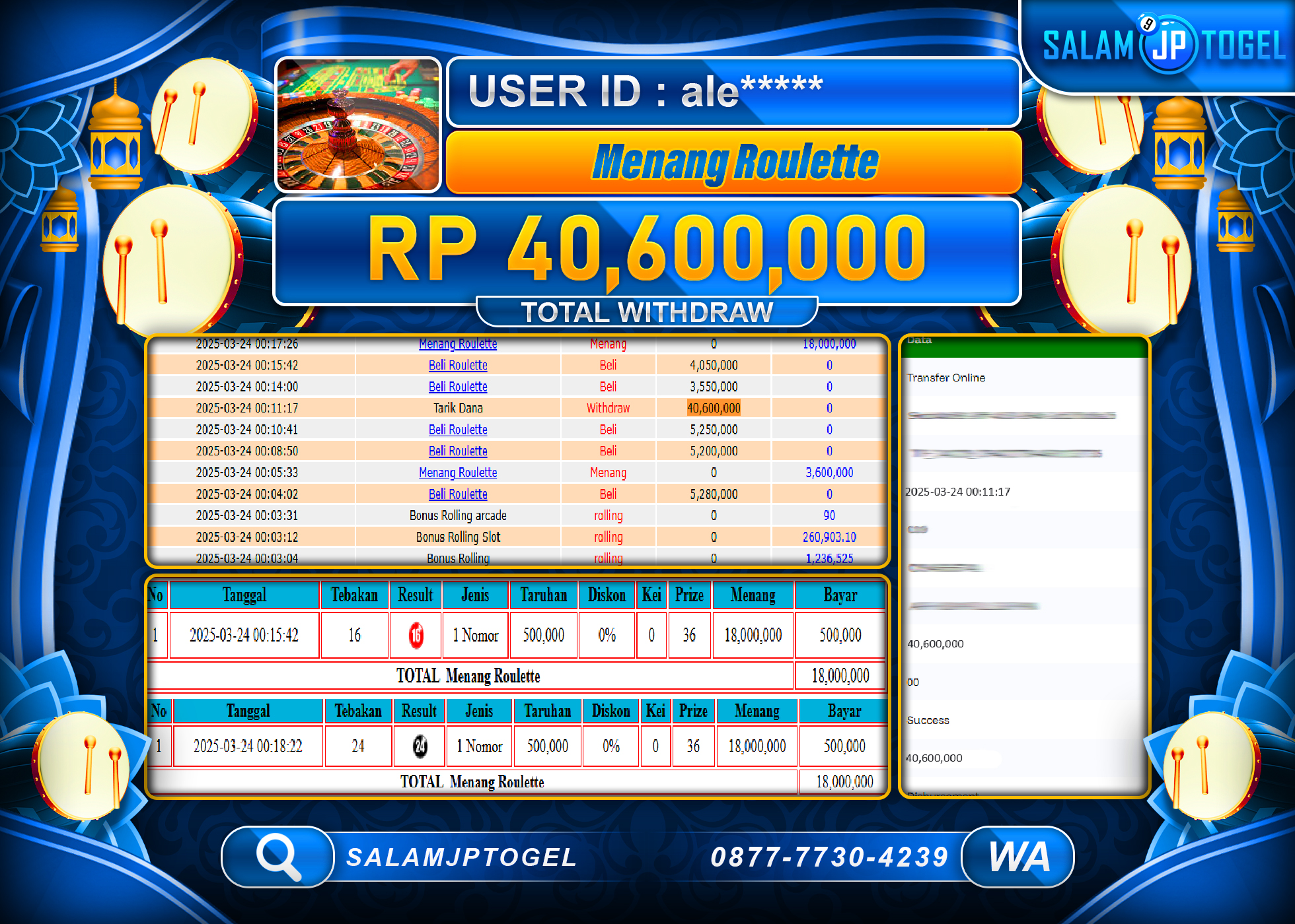 SALAMJPTOGEL MENANG ROULETTE GAMES  Rp. 40,600,000 LUNAS