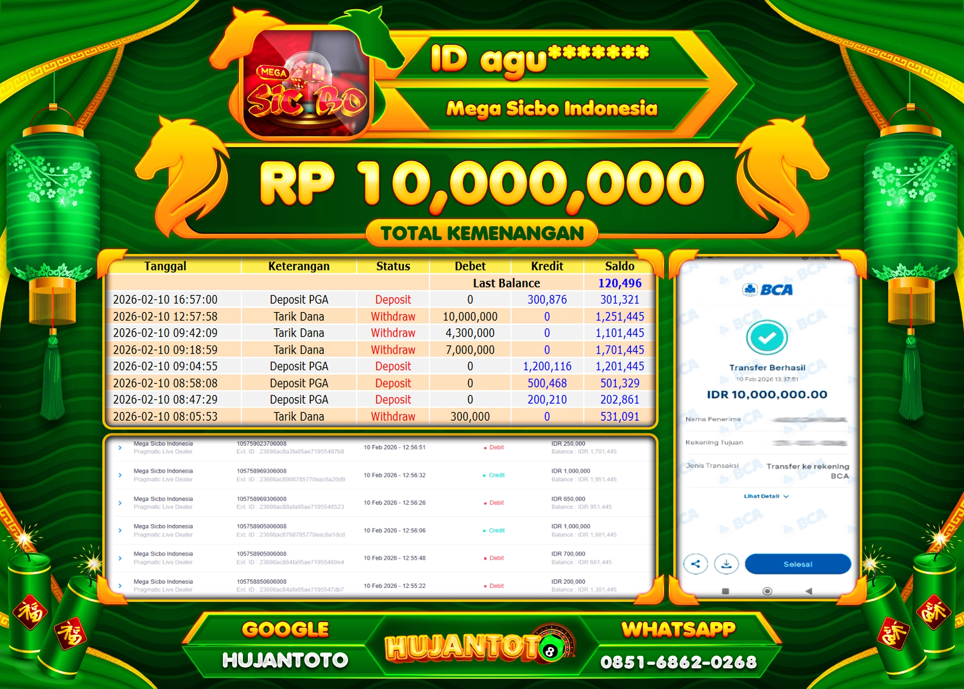 HUJANTOTO - BUKTI JACKPOT MENANG LIVE GAME MEGA SICBO INDONESIA Rp.10,000,000 - TERBAYAR LUNAS