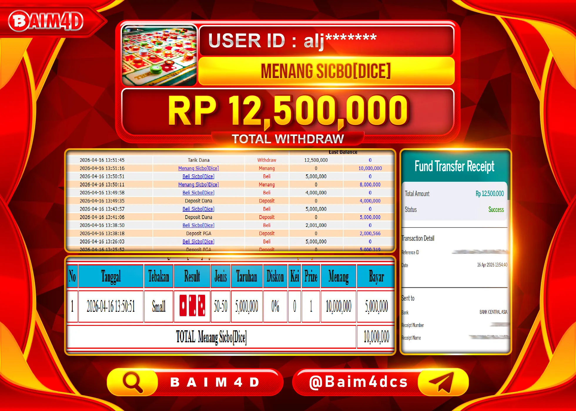 BAIM4D JACKPOT LIVE GAME SICBO [DICE] Rp.12,500,000 - LUNAS