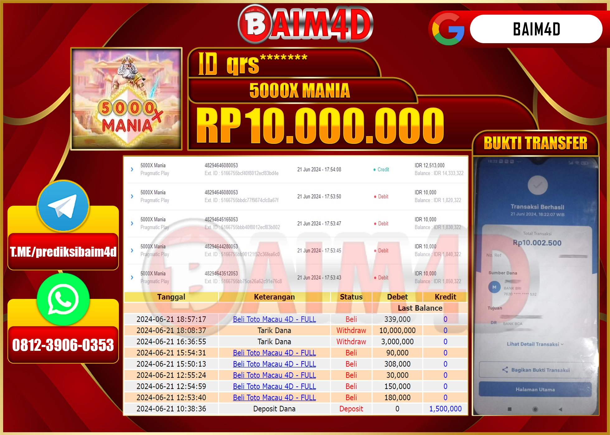 BAIM4D JACKPOT SLOT 5000x MANIA Rp.10,000,000.- LUNAS