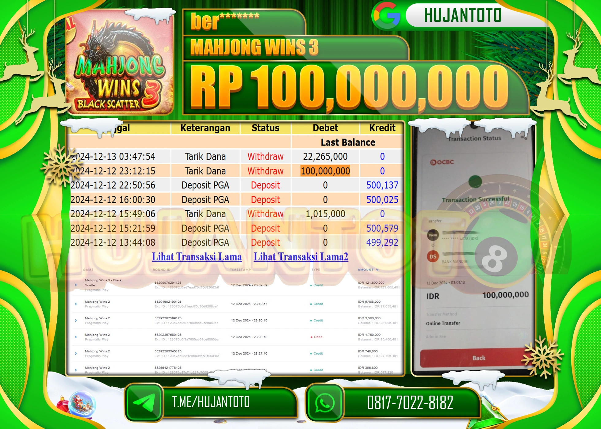 HUJANTOTO KEMENANGAN BESAR YANG DI RAIH DI PERMAINAN SLOT MAHJONG WINS 3 BLACK SCATTER SEBESAR   - 100,000,000 - TERBAYAR LUNAS